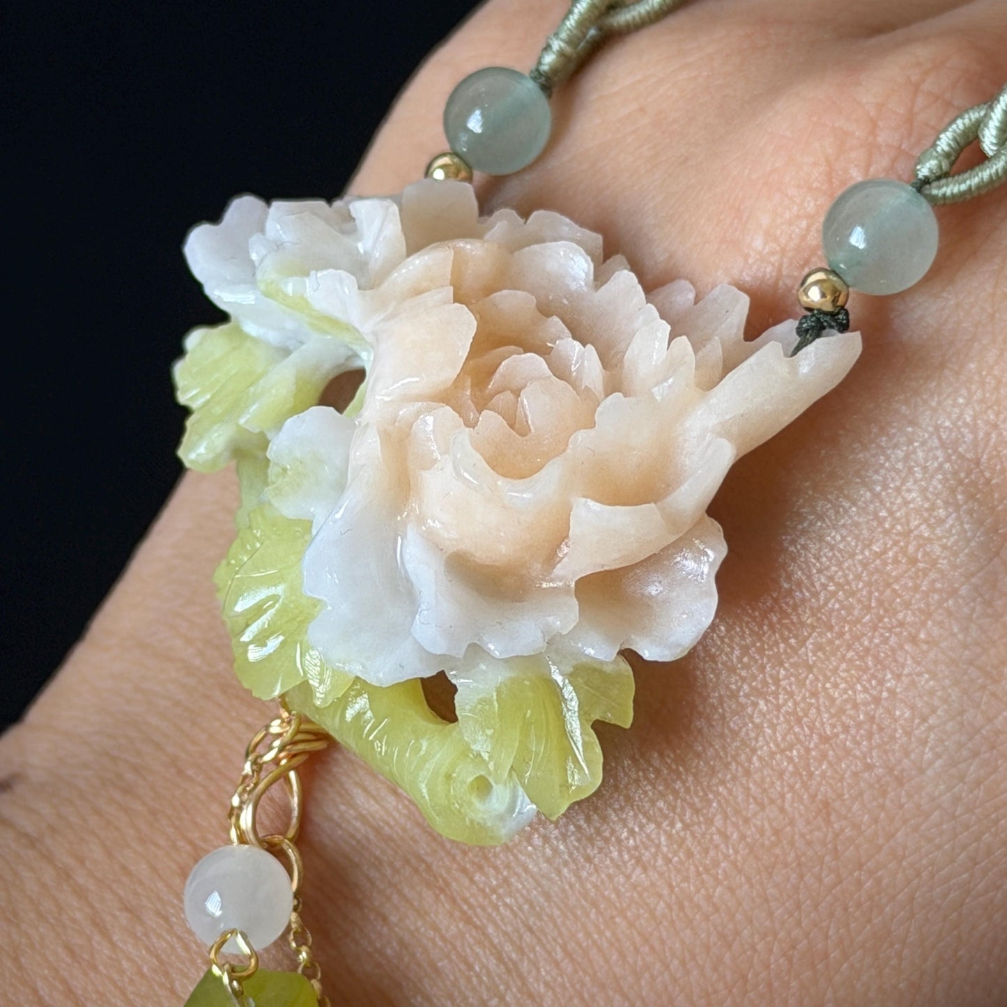 Xiu Jade Serpentine Hand Carved Peony Flower Pendant Adjustable Necklace Choker: Natural Untreated Pink Beign and Green Jade Carving Charm