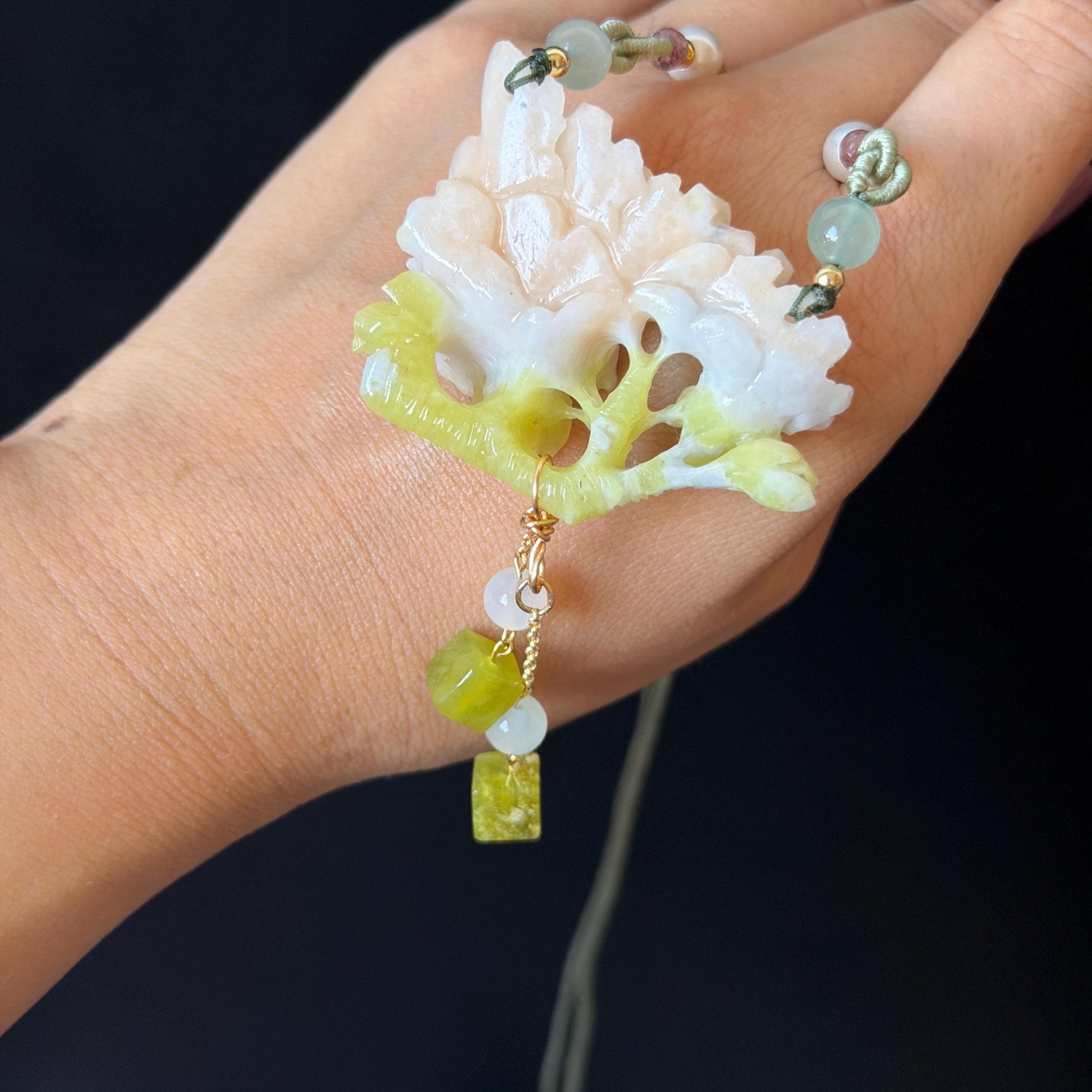Xiu Jade Serpentine Hand Carved Peony Flower Pendant Adjustable Necklace Choker: Natural Untreated Pink Beign and Green Jade Carving Charm