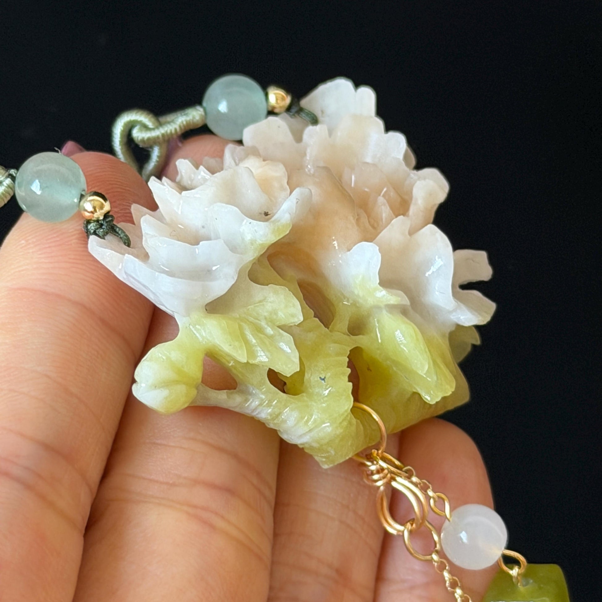 Xiu Jade Serpentine Hand Carved Peony Flower Pendant Adjustable Necklace Choker: Natural Untreated Pink Beign and Green Jade Carving Charm