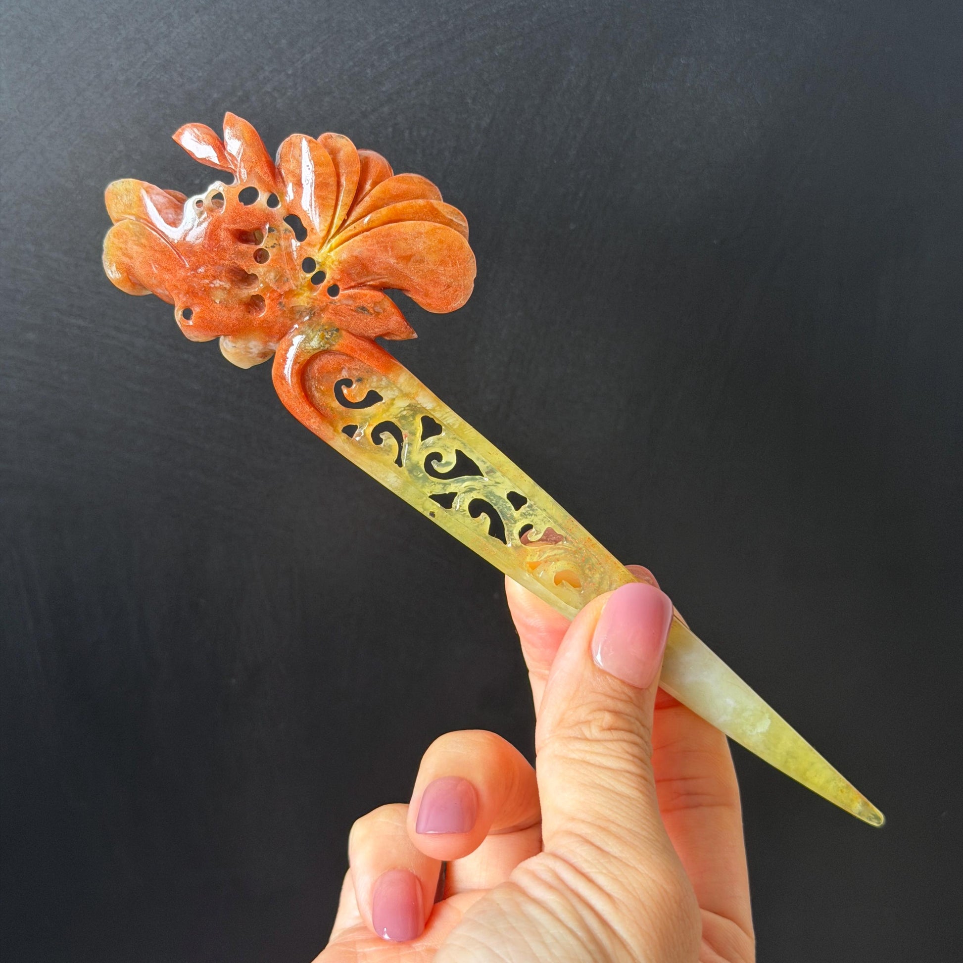 Xiu Jade Serpentine Hand Carved Camellia Flower Hair Stick: Natural Multicolor White Yellow Red Jade Hairpin, Vintage Hanfu Hair Jewelry Gift for her Bridal Shower gift wedding headpiece wedding hair jewelry bridal hair accessories red jade carving yellow jade hand engraved flower handcrafted hair stick japanese hairpins korean hair stick chinese hair comb vintage hair pins antique hair fork hanfu hair pins certified untreated jade multicolor jade bicolor jade flower carving Camellia carving
