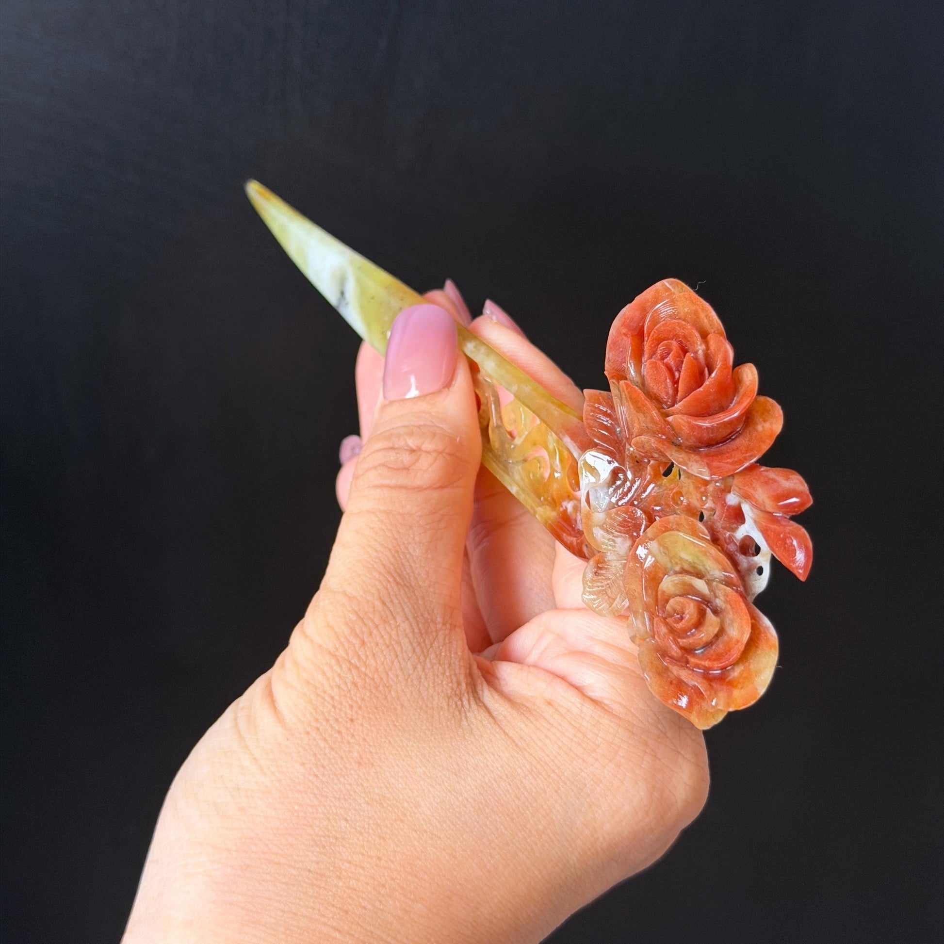 Xiu Jade Serpentine Hand Carved Camellia Flower Hair Stick: Natural Multicolor White Yellow Red Jade Hairpin, Vintage Hanfu Hair Jewelry Gift for her Bridal Shower gift wedding headpiece wedding hair jewelry bridal hair accessories red jade carving yellow jade hand engraved flower handcrafted hair stick japanese hairpins korean hair stick chinese hair comb vintage hair pins antique hair fork hanfu hair pins certified untreated jade multicolor jade bicolor jade flower carving Camellia carving