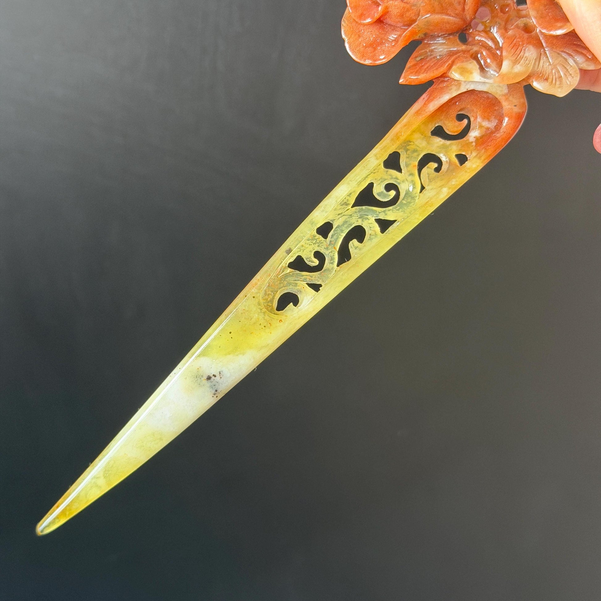 Xiu Jade Serpentine Hand Carved Camellia Flower Hair Stick: Natural Multicolor White Yellow Red Jade Hairpin, Vintage Hanfu Hair Jewelry Gift for her Bridal Shower gift wedding headpiece wedding hair jewelry bridal hair accessories red jade carving yellow jade hand engraved flower handcrafted hair stick japanese hairpins korean hair stick chinese hair comb vintage hair pins antique hair fork hanfu hair pins certified untreated jade multicolor jade bicolor jade flower carving Camellia carving