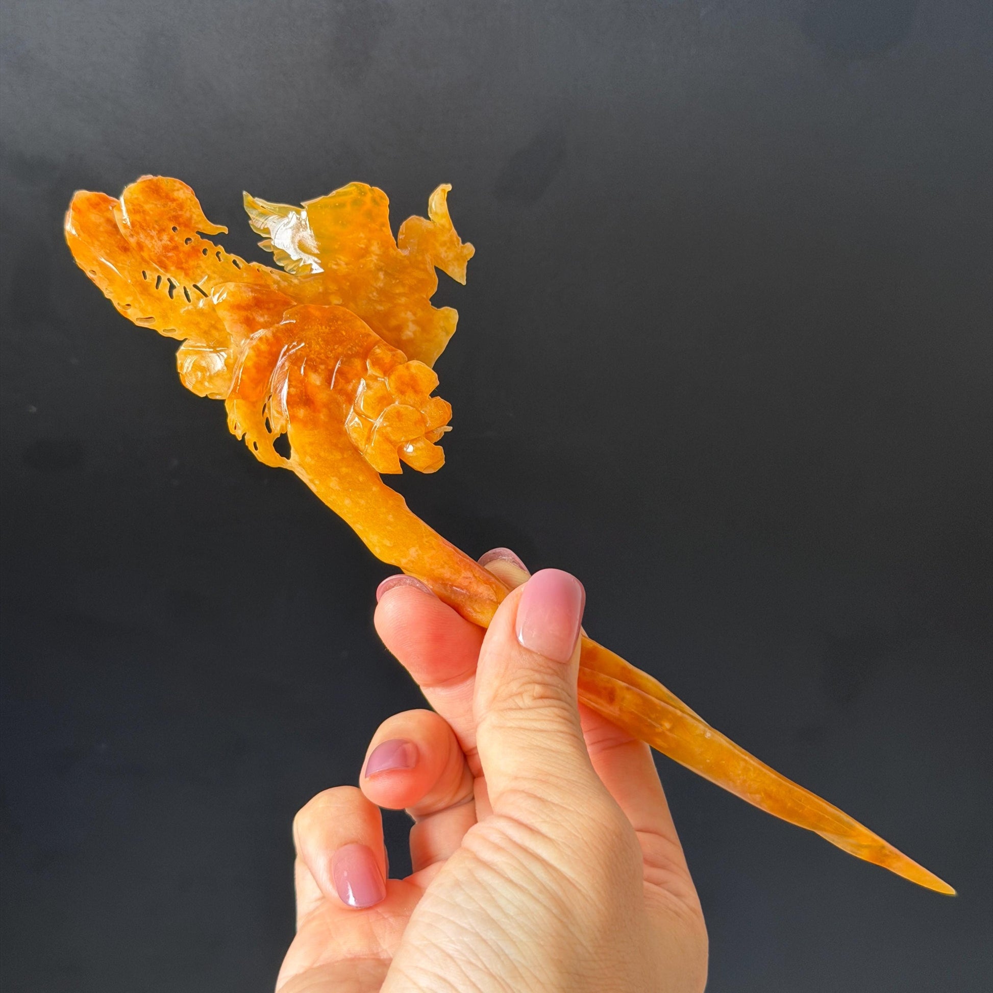 Xiu Jade (Serpentine) Hand Carved Fire Phoenix & Peony Hair Pin: Natural Certified Red Jade Hair Stick | Asian Chinese Vintage Style gift for her hand carved phoenix carving hand engraved phoenix hair stick phoenix carving red phoenix fire phoenix hair fork red jade yellow jade chinese jade with certificate rebirth transformation gift korean hair pin japanese hair stick hair fork hair comb hanfu hair stick peony carving with certificate handcrafted jade phoenix lover gift 3D stone carving