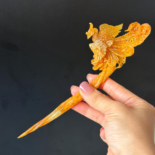 Xiu Jade (Serpentine) Hand Carved Fire Phoenix & Peony Hair Pin: Natural Certified Red Jade Hair Stick | Asian Chinese Vintage Style gift for her hand carved phoenix carving hand engraved phoenix hair stick phoenix carving red phoenix fire phoenix hair fork red jade yellow jade chinese jade with certificate rebirth transformation gift korean hair pin japanese hair stick hair fork hair comb hanfu hair stick peony carving with certificate handcrafted jade phoenix lover gift 3D stone carving