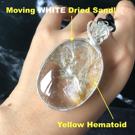 Rare Found! Polished Enhydro Quartz Golden Healer Wrapped Wire Pendant Adjustable Necklace: Moving Dried White Sand & Yellow Hematoid Inclusion Crystal Palm Stone| Natural Gemstone Birthstone Gift for her enhydro quartz sand water-fall pendant necklace choker gemstone charm stone pendant choker polished stone pendant crystal charm birthstone men necklace chakra crystal minerals specimen silver pendant inclusion crystal inclusion crystal sediment stone dirt inclusion healing meditative stone