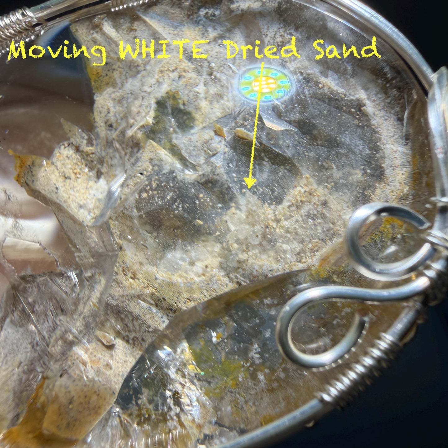 Rare Found! Polished Enhydro Quartz Golden Healer Wrapped Wire Pendant Adjustable Necklace: Moving Dried White Sand & Yellow Hematoid Inclusion Crystal Palm Stone| Natural Gemstone Birthstone Gift for her enhydro quartz sand water-fall pendant necklace choker gemstone charm stone pendant choker polished stone pendant crystal charm birthstone men necklace chakra crystal minerals specimen silver pendant inclusion crystal inclusion crystal sediment stone dirt inclusion healing meditative stone