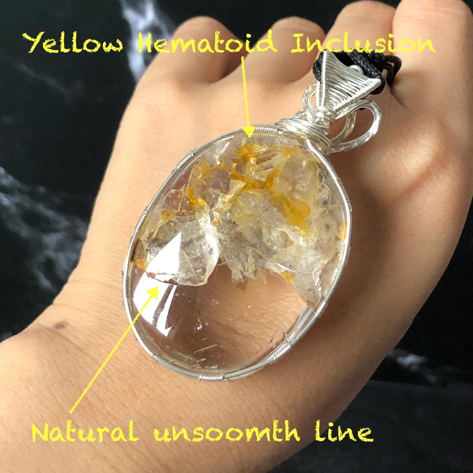 Rare Found! Polished Enhydro Quartz Golden Healer Wrapped Wire Pendant Adjustable Necklace: Moving Dried White Sand & Yellow Hematoid Inclusion Crystal Palm Stone| Natural Gemstone Birthstone Gift for her enhydro quartz sand water-fall pendant necklace choker gemstone charm stone pendant choker polished stone pendant crystal charm birthstone men necklace chakra crystal minerals specimen silver pendant inclusion crystal inclusion crystal sediment stone dirt inclusion healing meditative stone