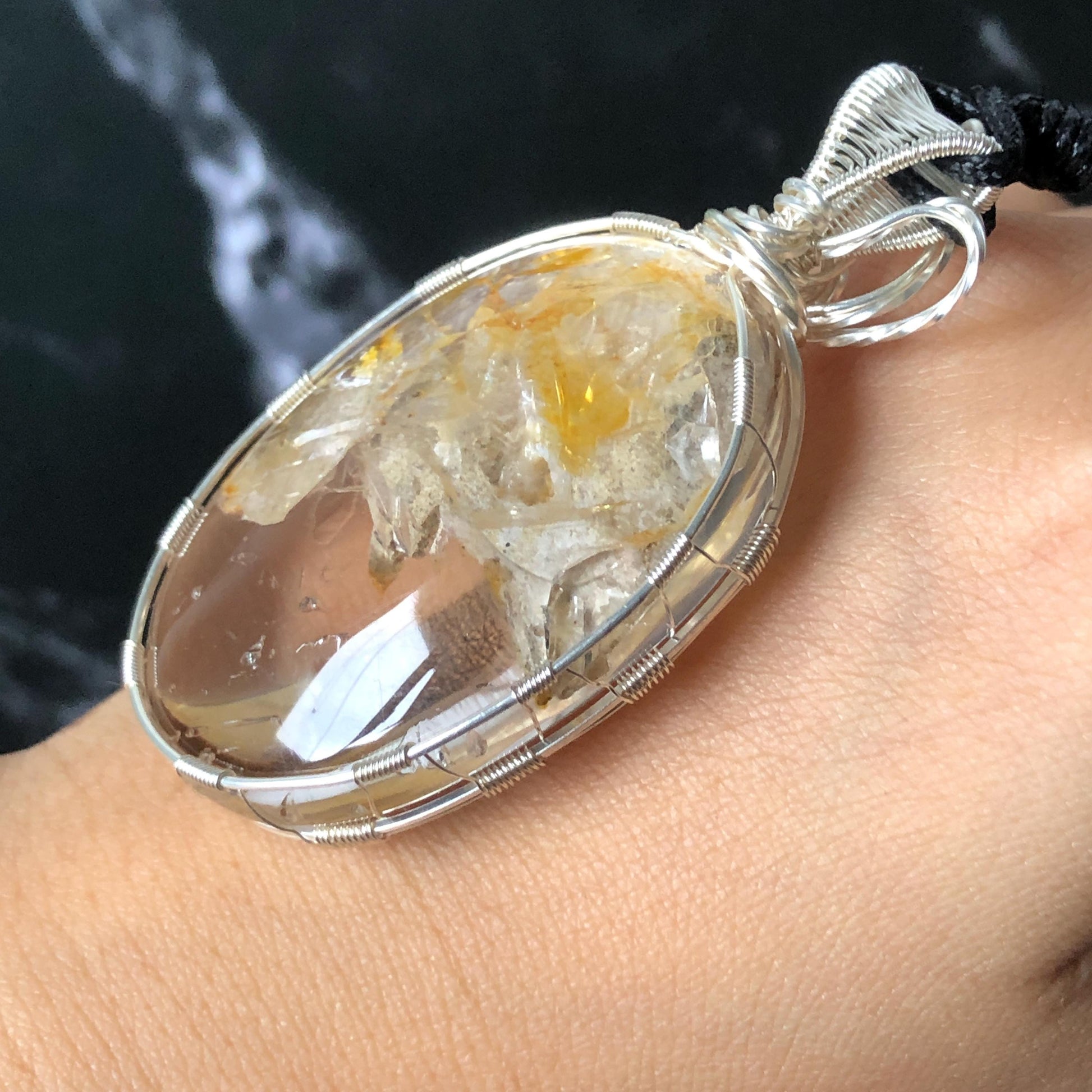 Rare Found! Polished Enhydro Quartz Golden Healer Wrapped Wire Pendant Adjustable Necklace: Moving Dried White Sand & Yellow Hematoid Inclusion Crystal Palm Stone| Natural Gemstone Birthstone Gift for her enhydro quartz sand water-fall pendant necklace choker gemstone charm stone pendant choker polished stone pendant crystal charm birthstone men necklace chakra crystal minerals specimen silver pendant inclusion crystal inclusion crystal sediment stone dirt inclusion healing meditative stone