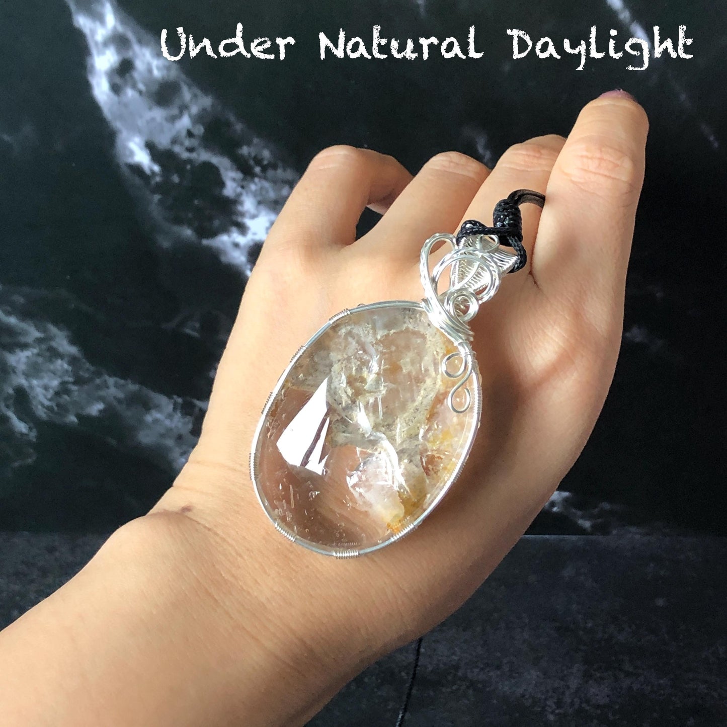 Rare Found! Polished Enhydro Quartz Golden Healer Wrapped Wire Pendant Adjustable Necklace: Moving Dried White Sand & Yellow Hematoid Inclusion Crystal Palm Stone| Natural Gemstone Birthstone Gift for her enhydro quartz sand water-fall pendant necklace choker gemstone charm stone pendant choker polished stone pendant crystal charm birthstone men necklace chakra crystal minerals specimen silver pendant inclusion crystal inclusion crystal sediment stone dirt inclusion healing meditative stone