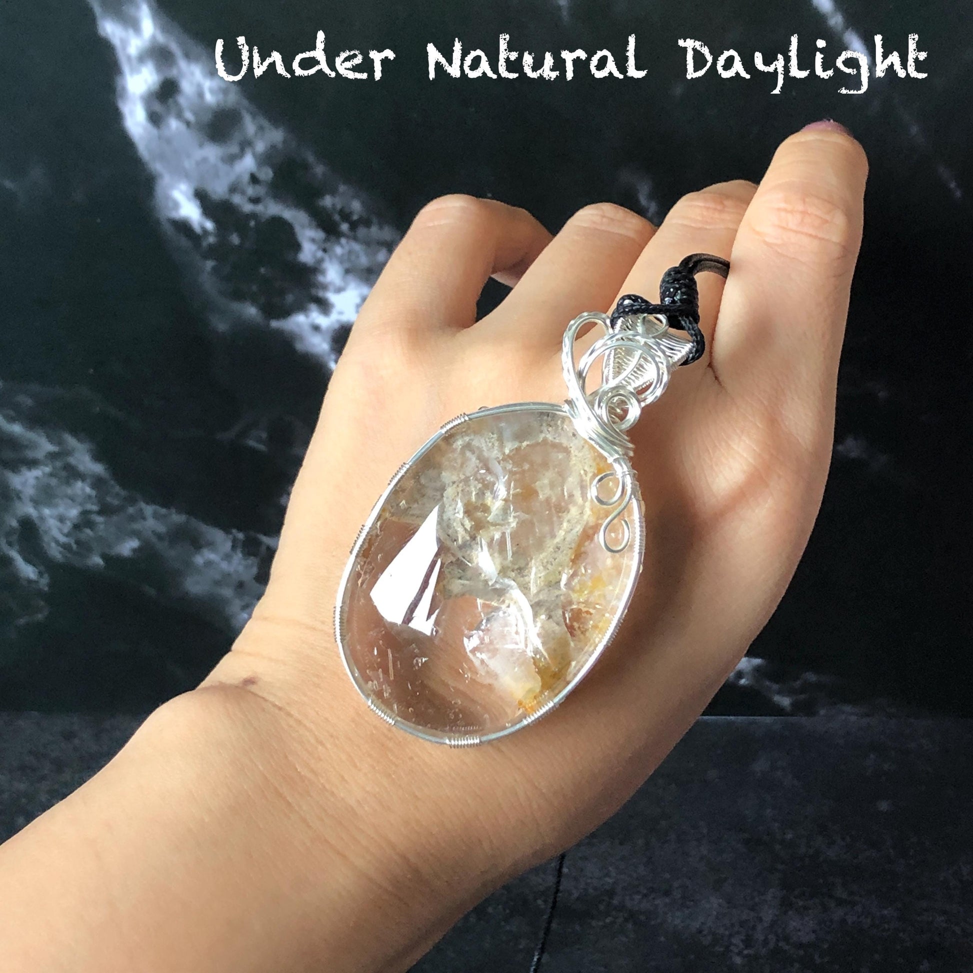Rare Found! Polished Enhydro Quartz Golden Healer Wrapped Wire Pendant Adjustable Necklace: Moving Dried White Sand & Yellow Hematoid Inclusion Crystal Palm Stone| Natural Gemstone Birthstone Gift for her enhydro quartz sand water-fall pendant necklace choker gemstone charm stone pendant choker polished stone pendant crystal charm birthstone men necklace chakra crystal minerals specimen silver pendant inclusion crystal inclusion crystal sediment stone dirt inclusion healing meditative stone