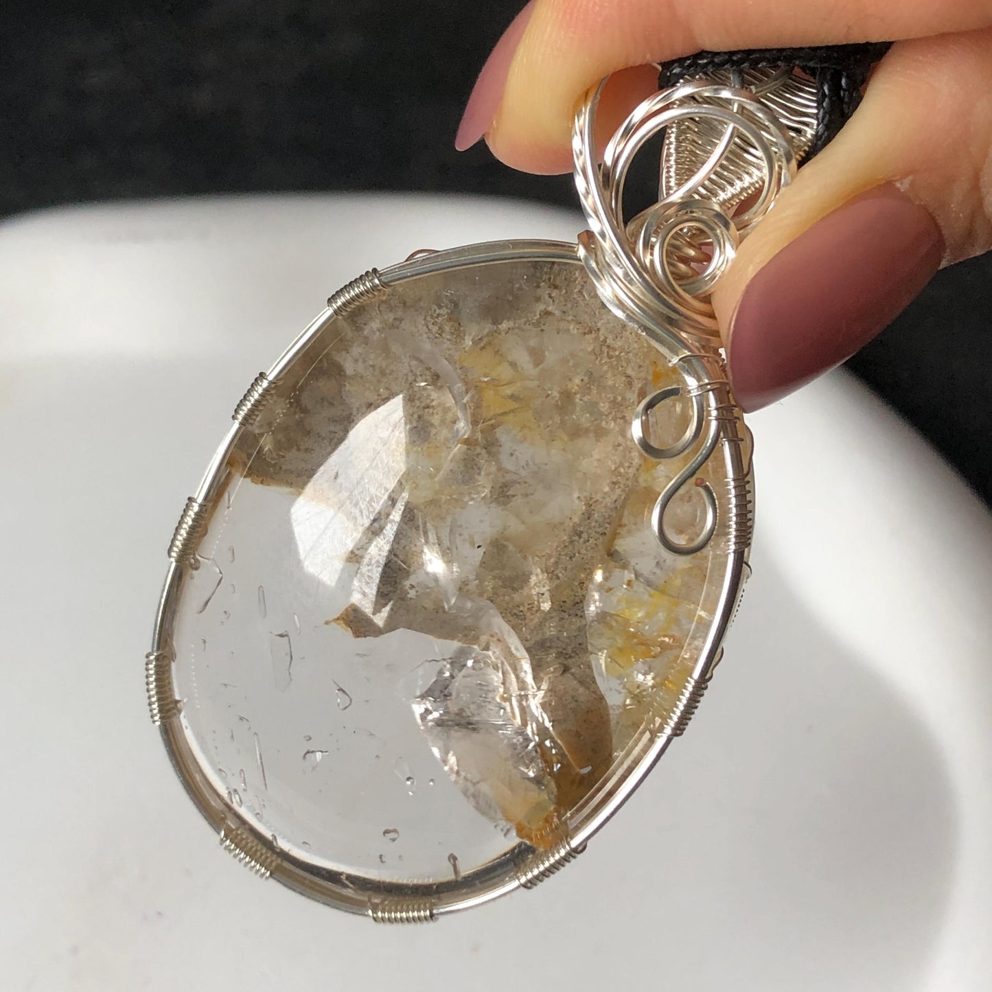 Rare Found! Polished Enhydro Quartz Golden Healer Wrapped Wire Pendant Adjustable Necklace: Moving Dried White Sand & Yellow Hematoid Inclusion Crystal Palm Stone| Natural Gemstone Birthstone Gift for her enhydro quartz sand water-fall pendant necklace choker gemstone charm stone pendant choker polished stone pendant crystal charm birthstone men necklace chakra crystal minerals specimen silver pendant inclusion crystal inclusion crystal sediment stone dirt inclusion healing meditative stone