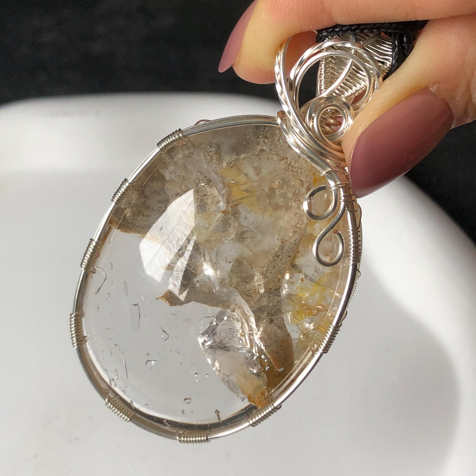 Rare Found! Polished Enhydro Quartz Golden Healer Wrapped Wire Pendant Adjustable Necklace: Moving Dried White Sand & Yellow Hematoid Inclusion Crystal Palm Stone| Natural Gemstone Birthstone Gift for her enhydro quartz sand water-fall pendant necklace choker gemstone charm stone pendant choker polished stone pendant crystal charm birthstone men necklace chakra crystal minerals specimen silver pendant inclusion crystal inclusion crystal sediment stone dirt inclusion healing meditative stone