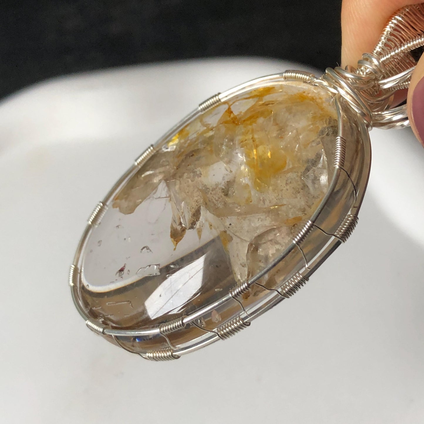 Rare Found! Polished Enhydro Quartz Golden Healer Wrapped Wire Pendant Adjustable Necklace: Moving Dried White Sand & Yellow Hematoid Inclusion Crystal Palm Stone| Natural Gemstone Birthstone Gift for her enhydro quartz sand water-fall pendant necklace choker gemstone charm stone pendant choker polished stone pendant crystal charm birthstone men necklace chakra crystal minerals specimen silver pendant inclusion crystal inclusion crystal sediment stone dirt inclusion healing meditative stone
