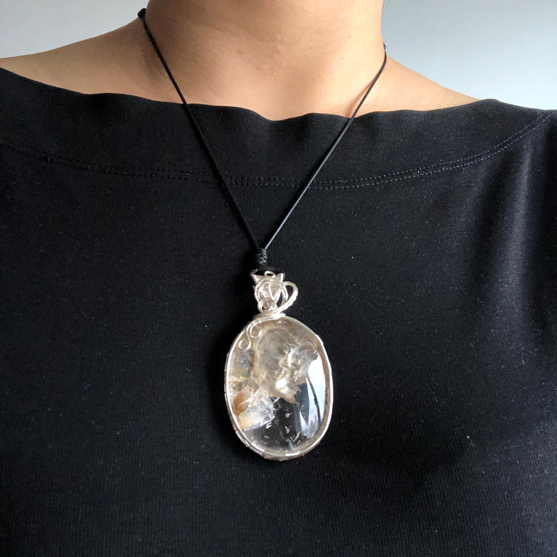 Rare Found! Polished Enhydro Quartz Golden Healer Wrapped Wire Pendant Adjustable Necklace: Moving Dried White Sand & Yellow Hematoid Inclusion Crystal Palm Stone| Natural Gemstone Birthstone Gift for her enhydro quartz sand water-fall pendant necklace choker gemstone charm stone pendant choker polished stone pendant crystal charm birthstone men necklace chakra crystal minerals specimen silver pendant inclusion crystal inclusion crystal sediment stone dirt inclusion healing meditative stone