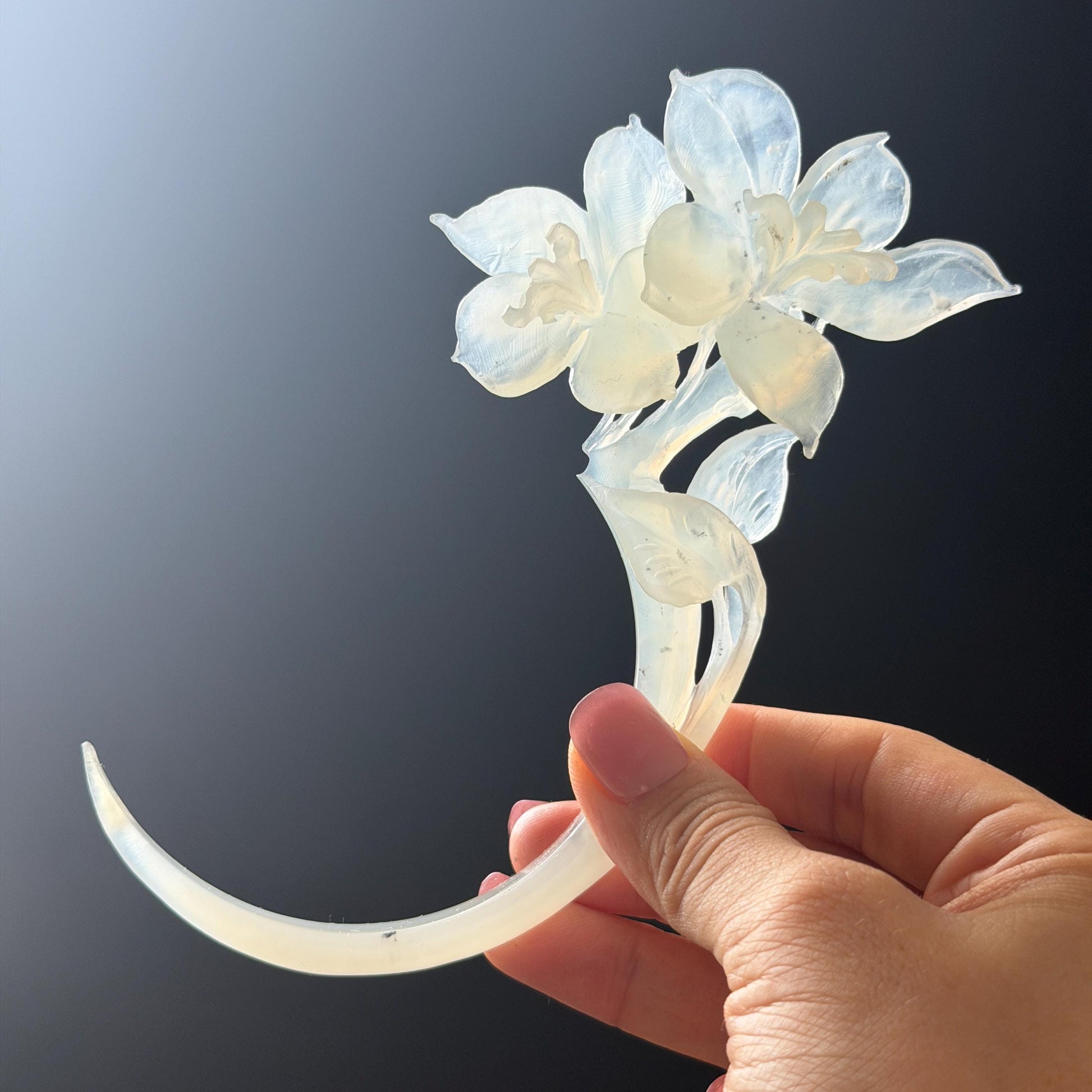 Xiu Jade Serpentine Hand Carved Iris Flower Hair Pin: Natural WHite Jade Handcrafted Crescent Moon Hair Stick 3D Stone Carving Hair Jewelry Bridal Wedding Headpiece gift for her japanese hairpin korean hair stick chinese hair fork vintage hair comb antique hair pins hanfu hair stick bridal shower hair jewelry bridal shower gift engagement hair accessory jade carving hand engraved jade hand carved flower jade hairpins untreated natural jade with certificate handcraft jade moon hairpin