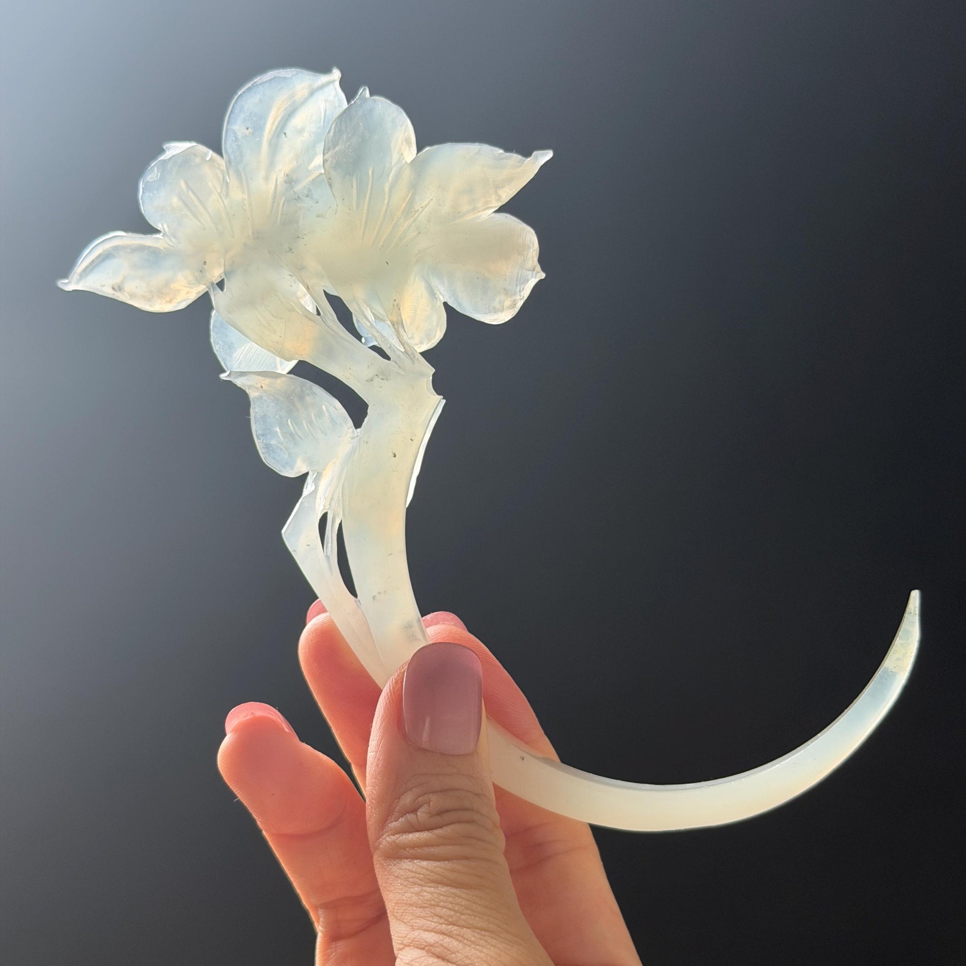Xiu Jade Serpentine Hand Carved Iris Flower Hair Pin: Natural WHite Jade Handcrafted Crescent Moon Hair Stick 3D Stone Carving Hair Jewelry Bridal Wedding Headpiece gift for her japanese hairpin korean hair stick chinese hair fork vintage hair comb antique hair pins hanfu hair stick bridal shower hair jewelry bridal shower gift engagement hair accessory jade carving hand engraved jade hand carved flower jade hairpins untreated natural jade with certificate handcraft jade moon hairpin