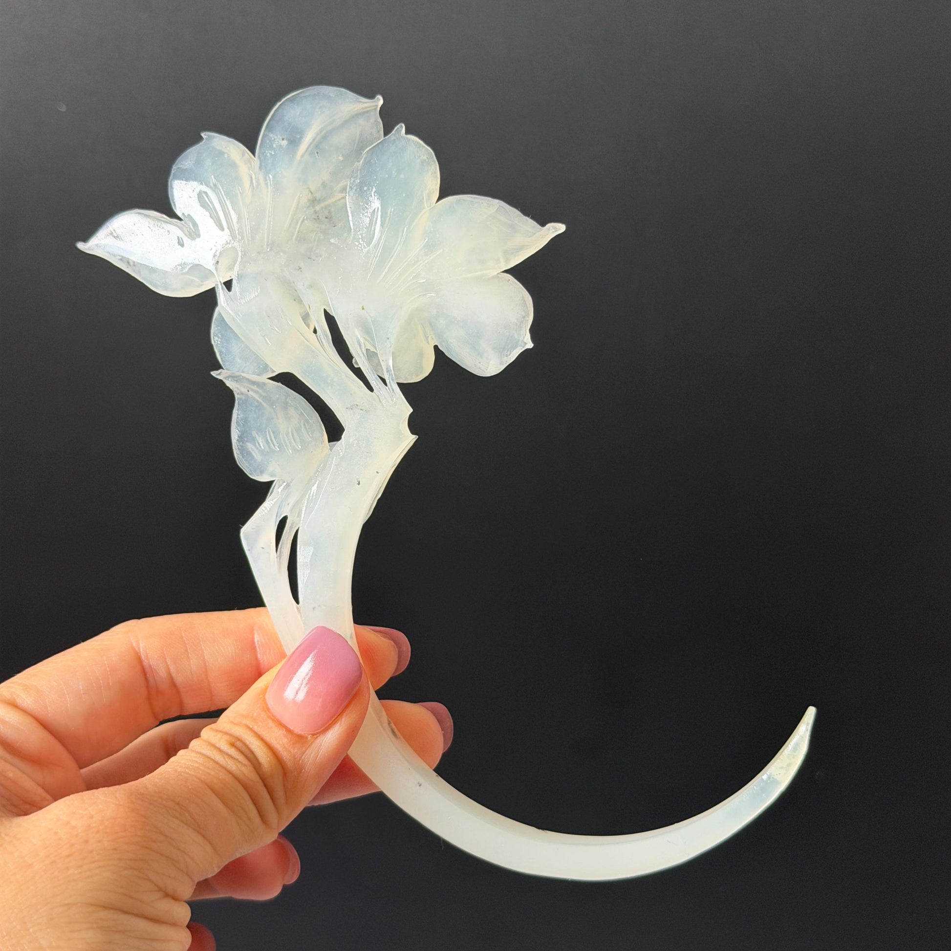 Xiu Jade Serpentine Hand Carved Iris Flower Hair Pin: Natural WHite Jade Handcrafted Crescent Moon Hair Stick 3D Stone Carving Hair Jewelry Bridal Wedding Headpiece gift for her japanese hairpin korean hair stick chinese hair fork vintage hair comb antique hair pins hanfu hair stick bridal shower hair jewelry bridal shower gift engagement hair accessory jade carving hand engraved jade hand carved flower jade hairpins untreated natural jade with certificate handcraft jade moon hairpin