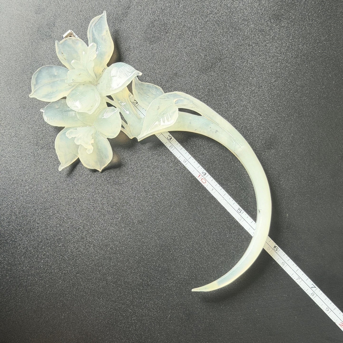 Xiu Jade Serpentine Hand Carved Iris Flower Hair Pin: Natural WHite Jade Handcrafted Crescent Moon Hair Stick 3D Stone Carving Hair Jewelry Bridal Wedding Headpiece gift for her japanese hairpin korean hair stick chinese hair fork vintage hair comb antique hair pins hanfu hair stick bridal shower hair jewelry bridal shower gift engagement hair accessory jade carving hand engraved jade hand carved flower jade hairpins untreated natural jade with certificate handcraft jade moon hairpin