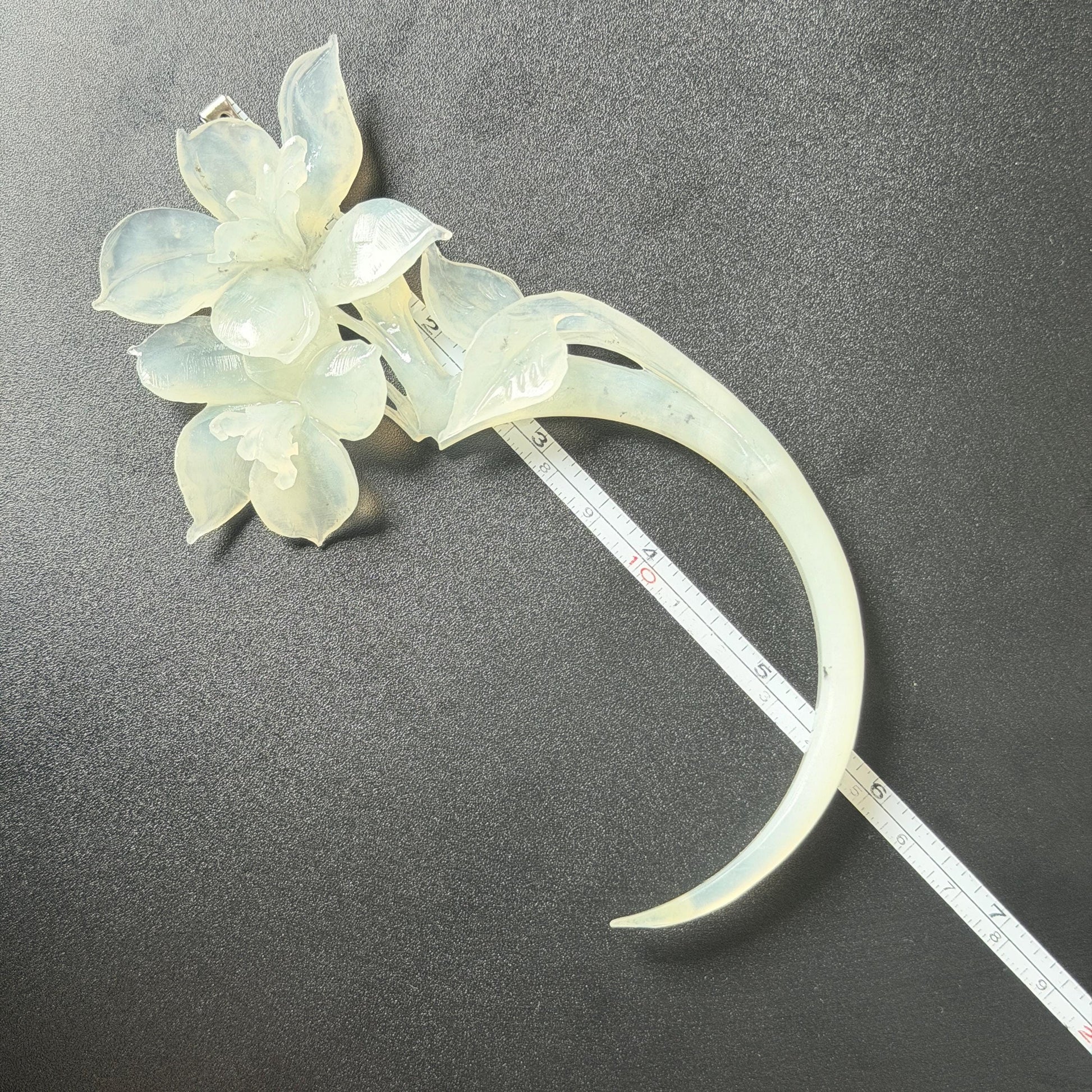 Xiu Jade Serpentine Hand Carved Iris Flower Hair Pin: Natural WHite Jade Handcrafted Crescent Moon Hair Stick 3D Stone Carving Hair Jewelry Bridal Wedding Headpiece gift for her japanese hairpin korean hair stick chinese hair fork vintage hair comb antique hair pins hanfu hair stick bridal shower hair jewelry bridal shower gift engagement hair accessory jade carving hand engraved jade hand carved flower jade hairpins untreated natural jade with certificate handcraft jade moon hairpin