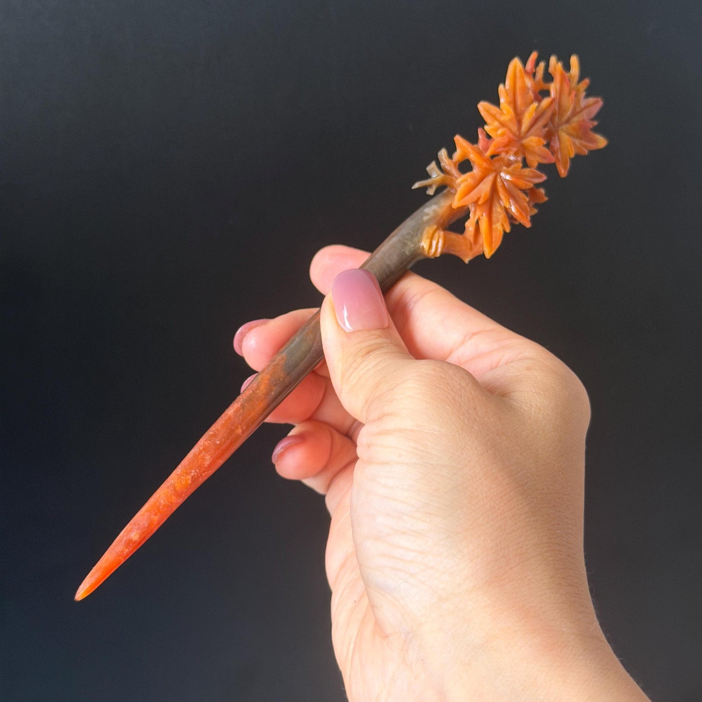 Xiu Jade Serpentine Hand Carved Autume Leaves Maple Hair Stick: Natural Multicolor Brown Red Jade Hairpin Gift for her Bridal Shower gift wedding headpiece wedding hair jewelry bridal hair accessories red jade carving yellow jade hand engraved flower handcrafted hair stick japanese hairpins korean hair stick chinese hair comb vintage hair pins antique hair fork hanfu hair pins certified untreated jade multicolor jade bicolor jade flower carving maple carving 3D stone carving hollow our carving