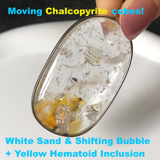 Ultra Rare! Polished Enhydro Quartz Golden Healer Cabochon Pendant Adjustable Necklace: Moving Chalcopyrite & White Sand with Shifting Bubble Yellow Hematoid Inclusion Crystal | Natural Gemstone Birthstone Gift for her enhydro crystal water bubble inclusion quartz chalcopyrite cubes mineral specimen s925 silver pendant flowing white sand inclusion rainbow quartz big enhydro charm choker palm stone for meditation healing stone necklace chakra