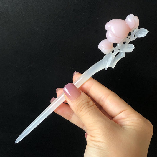 Xiu Jade Serpentine Hand Carved Pink Peach Flower Hair Pin: White & Pink Jade Handcrafted Hair Stick 3D stone carving Hair Jewelry | Asian Chinese Vintage Hanfu Hair Fork gift for her pink jade carving white jade flower carving peach carving hand engraved peach hairpins japanese hair stick korean hair pins vinatge hair fork chinese hair comb antique hairpins wedding headpiece engagement hair jewelry bridal shower gift bridal hair accessory 3D stone carving