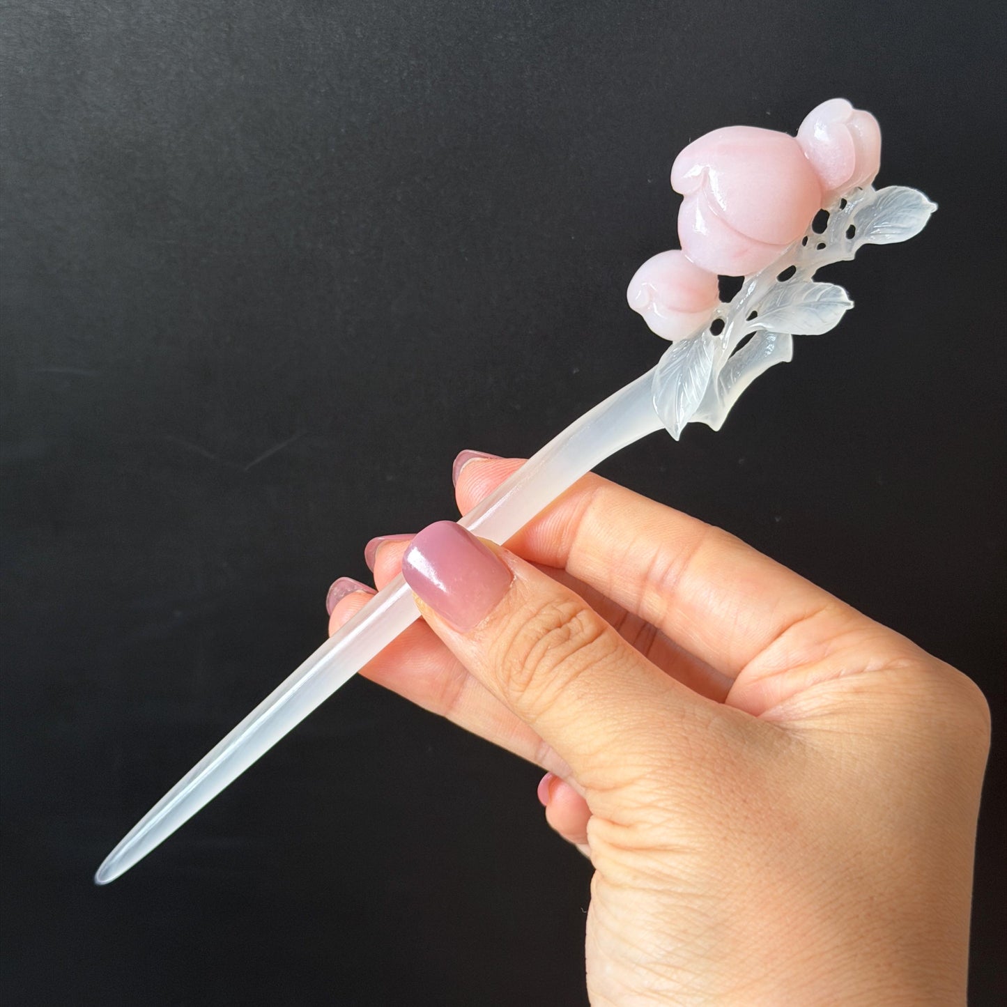 Xiu Jade Serpentine Hand Carved Pink Peach Flower Hair Pin: White & Pink Jade Handcrafted Hair Stick 3D stone carving Hair Jewelry | Asian Chinese Vintage Hanfu Hair Fork gift for her pink jade carving white jade flower carving peach carving hand engraved peach hairpins japanese hair stick korean hair pins vinatge hair fork chinese hair comb antique hairpins wedding headpiece engagement hair jewelry bridal shower gift bridal hair accessory 3D stone carving