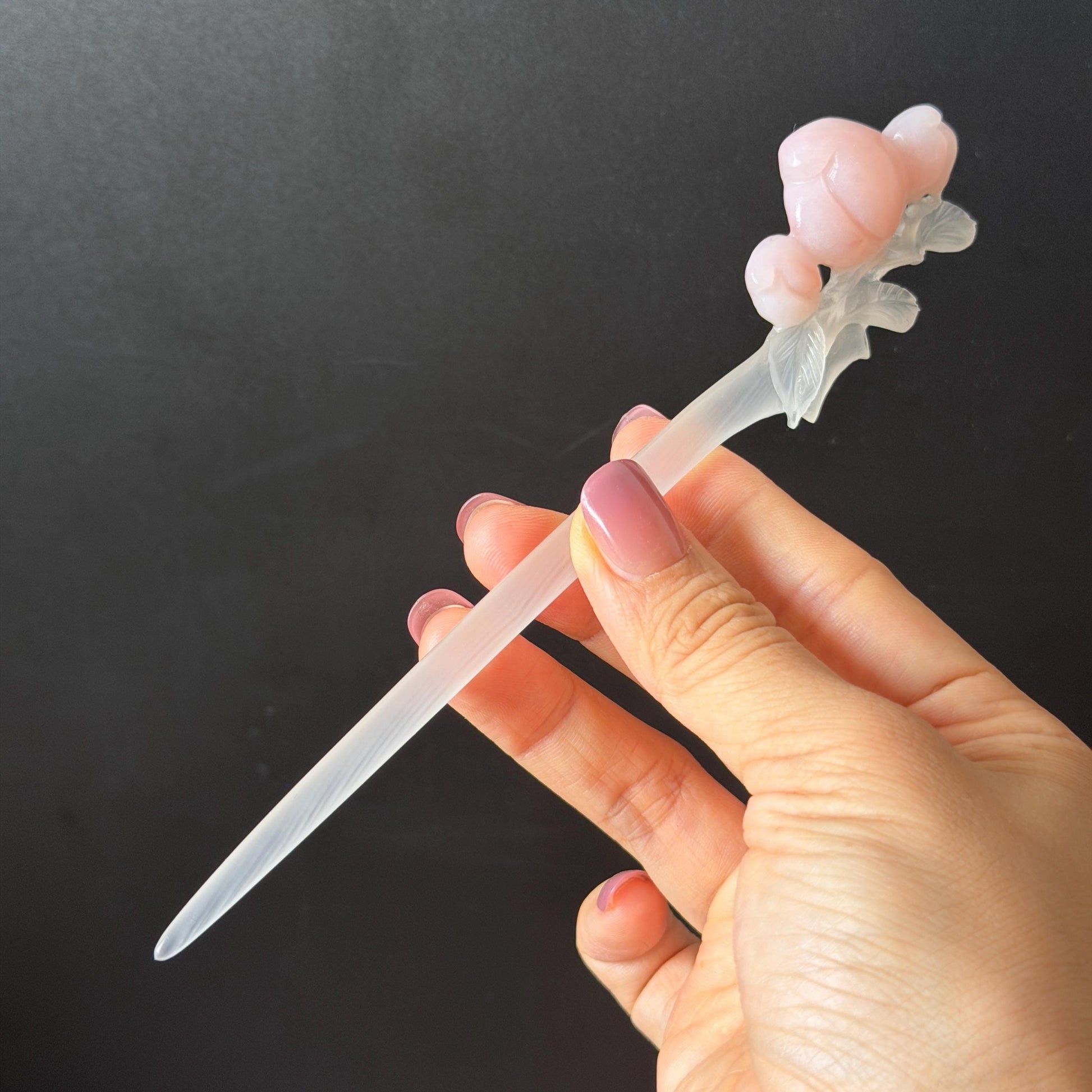 Xiu Jade Serpentine Hand Carved Pink Peach Flower Hair Pin: White & Pink Jade Handcrafted Hair Stick 3D stone carving Hair Jewelry | Asian Chinese Vintage Hanfu Hair Fork gift for her pink jade carving white jade flower carving peach carving hand engraved peach hairpins japanese hair stick korean hair pins vinatge hair fork chinese hair comb antique hairpins wedding headpiece engagement hair jewelry bridal shower gift bridal hair accessory 3D stone carving