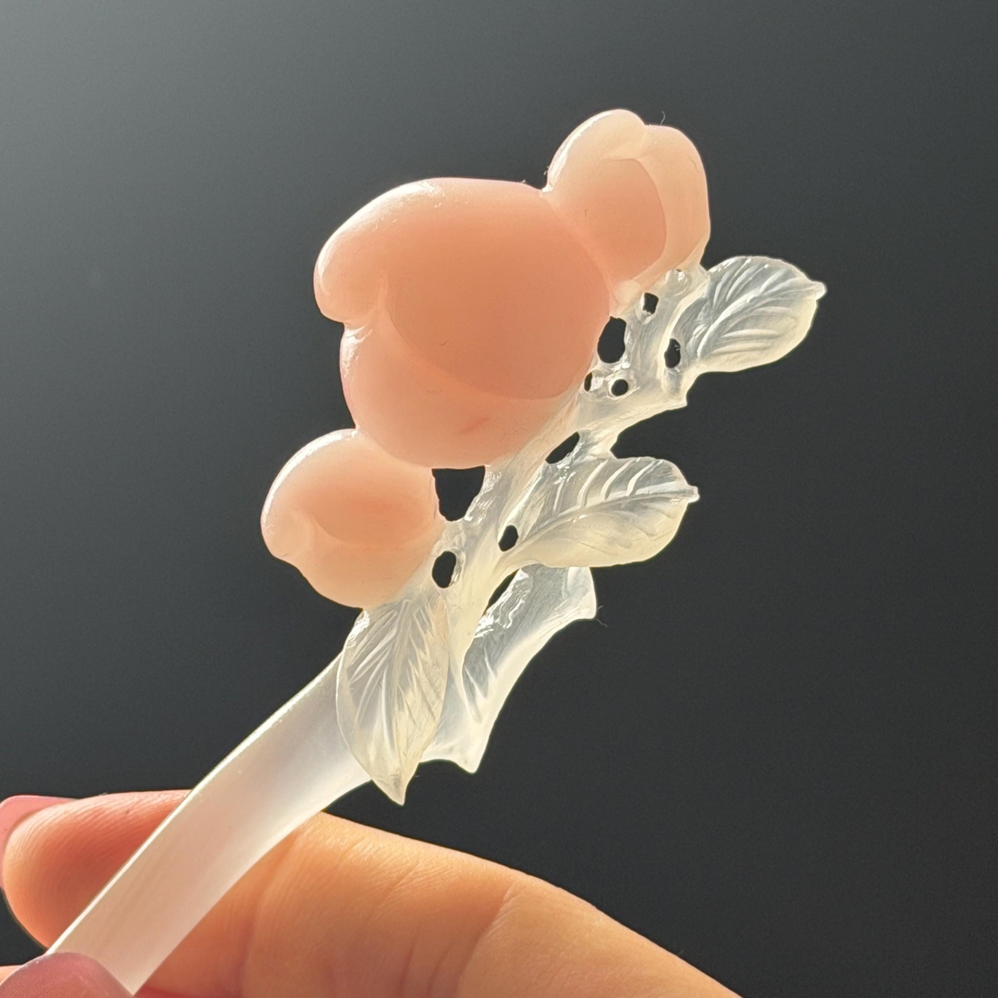 Xiu Jade Serpentine Hand Carved Pink Peach Flower Hair Pin: White & Pink Jade Handcrafted Hair Stick 3D stone carving Hair Jewelry | Asian Chinese Vintage Hanfu Hair Fork gift for her pink jade carving white jade flower carving peach carving hand engraved peach hairpins japanese hair stick korean hair pins vinatge hair fork chinese hair comb antique hairpins wedding headpiece engagement hair jewelry bridal shower gift bridal hair accessory 3D stone carving