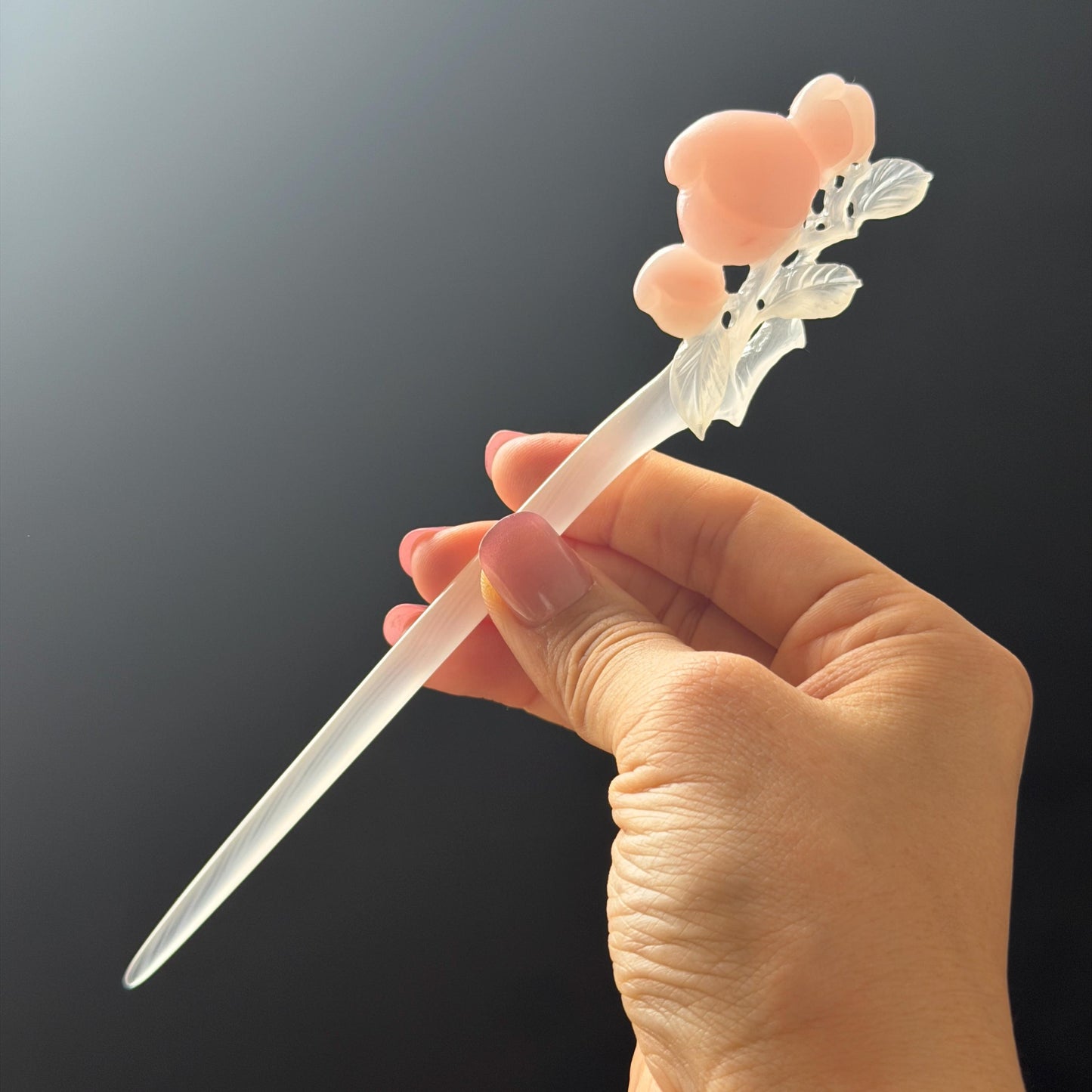 Xiu Jade Serpentine Hand Carved Pink Peach Flower Hair Pin: White & Pink Jade Handcrafted Hair Stick 3D stone carving Hair Jewelry | Asian Chinese Vintage Hanfu Hair Fork gift for her pink jade carving white jade flower carving peach carving hand engraved peach hairpins japanese hair stick korean hair pins vinatge hair fork chinese hair comb antique hairpins wedding headpiece engagement hair jewelry bridal shower gift bridal hair accessory 3D stone carving