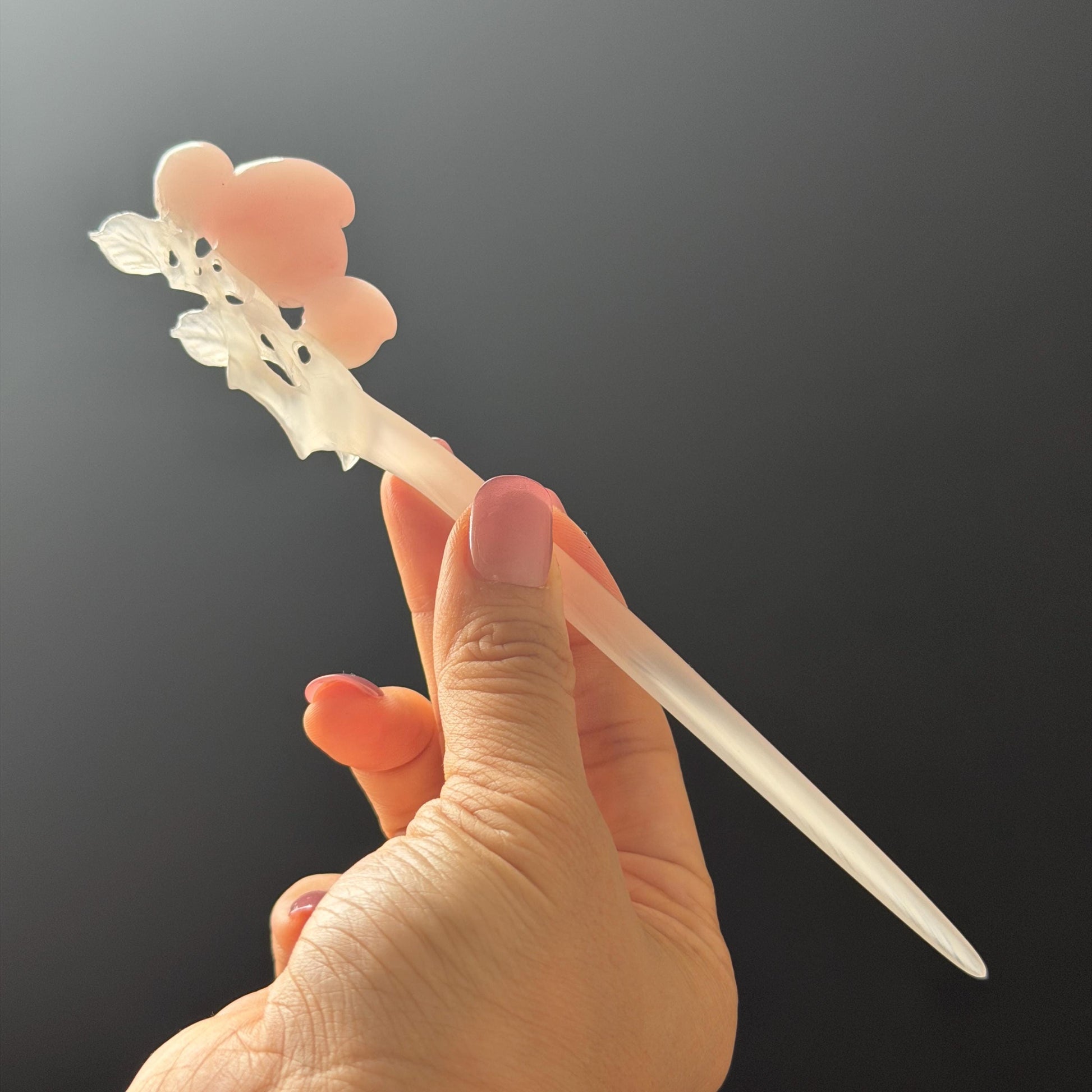 Xiu Jade Serpentine Hand Carved Pink Peach Flower Hair Pin: White & Pink Jade Handcrafted Hair Stick 3D stone carving Hair Jewelry | Asian Chinese Vintage Hanfu Hair Fork gift for her pink jade carving white jade flower carving peach carving hand engraved peach hairpins japanese hair stick korean hair pins vinatge hair fork chinese hair comb antique hairpins wedding headpiece engagement hair jewelry bridal shower gift bridal hair accessory 3D stone carving