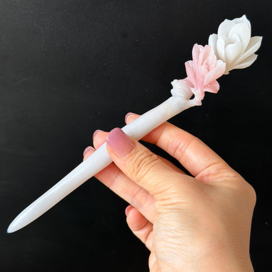 Xiu Jade Serpentine Hand Carved Pink Lotus Flower Hair Pin: Natural Pink & White Jade Handcrafted Hair Stick 3D stone carving Hair Jewelry | Asian Chinese Vintage Hanfu Hair Fork gift for her pink jade carving white jade flower carving yulan carving hand engraved yulan hairpins japanese hair stick korean hair pins vinatge hair fork chinese hair comb antique hairpins wedding headpiece engagement hair jewelry bridal shower gift bridal hair accessory 3D stone carving asian hair crown