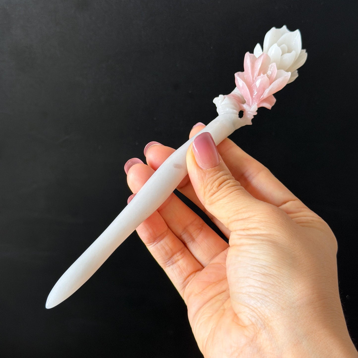 Xiu Jade Serpentine Hand Carved Pink Lotus Flower Hair Pin: Natural Pink & White Jade Handcrafted Hair Stick 3D stone carving Hair Jewelry | Asian Chinese Vintage Hanfu Hair Fork gift for her pink jade carving white jade flower carving yulan carving hand engraved yulan hairpins japanese hair stick korean hair pins vinatge hair fork chinese hair comb antique hairpins wedding headpiece engagement hair jewelry bridal shower gift bridal hair accessory 3D stone carving asian hair crown