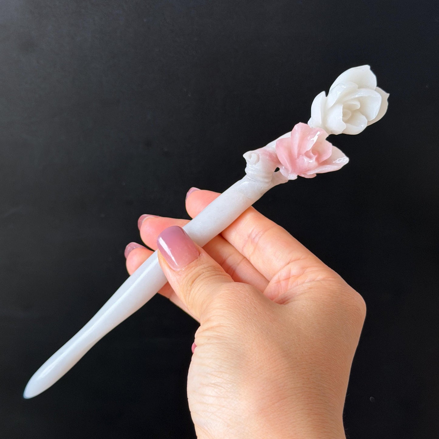 Xiu Jade Serpentine Hand Carved Pink Lotus Flower Hair Pin: Natural Pink & White Jade Handcrafted Hair Stick 3D stone carving Hair Jewelry | Asian Chinese Vintage Hanfu Hair Fork gift for her pink jade carving white jade flower carving yulan carving hand engraved yulan hairpins japanese hair stick korean hair pins vinatge hair fork chinese hair comb antique hairpins wedding headpiece engagement hair jewelry bridal shower gift bridal hair accessory 3D stone carving asian hair crown