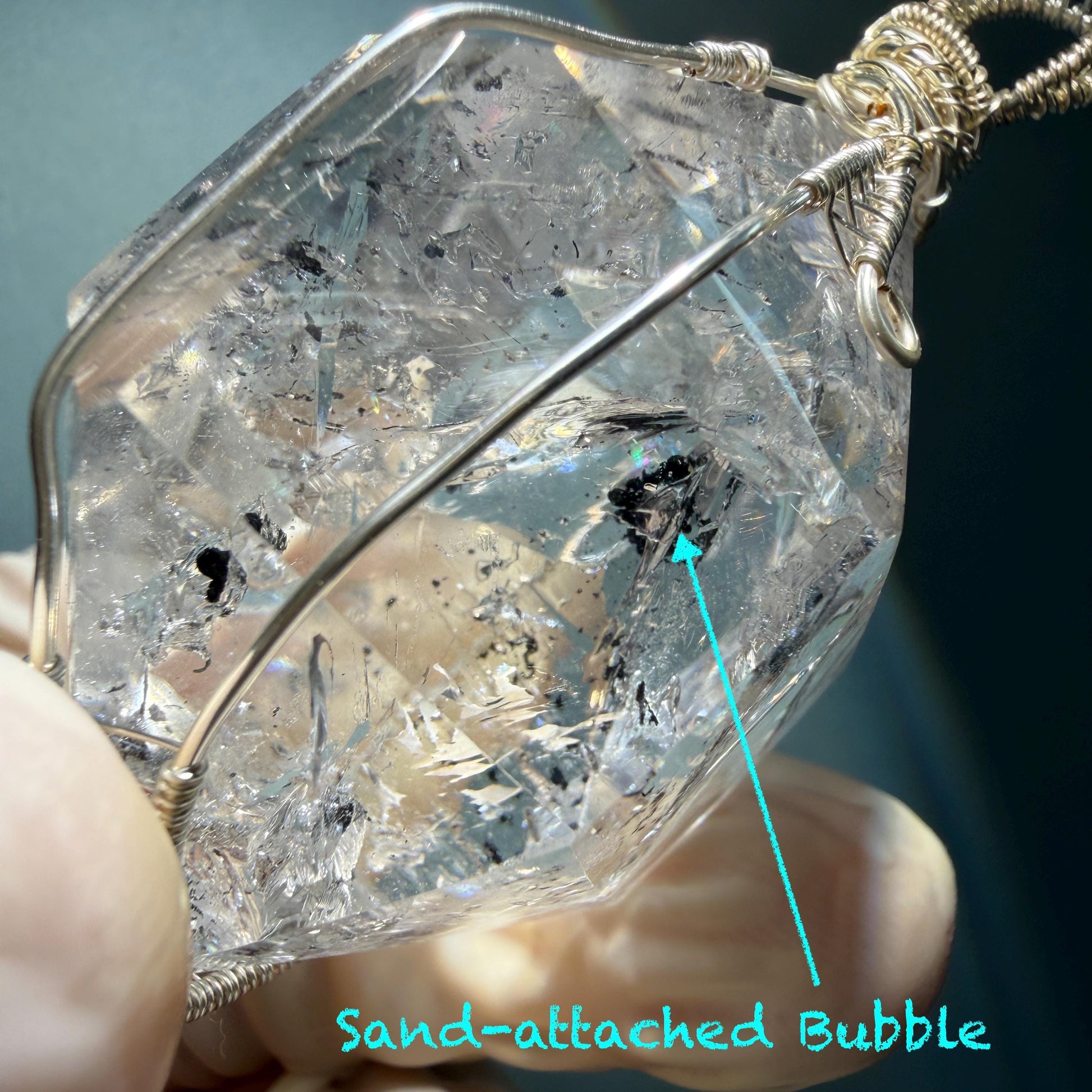 Polished Rainbow Enhydro Quartz (Herkimer Diamond) Wire Wrapped Pendant Adjustable Necklace: Multiple Rainbow! Moving Anti-current Sand & Water Bubble Inclusion Crystal | Natural Gemstone Birthstone Gift for her men necklace chakra crystal purify stone minerals specimen adjustable choker silver pendant inclusion crystal inclusion quartz jewelry rainbow quartz choker necklace enhydro crystal S925 silver pendant quick sand inclusion bubble inclusion water inclusion quartz rainbow quartz palm stone