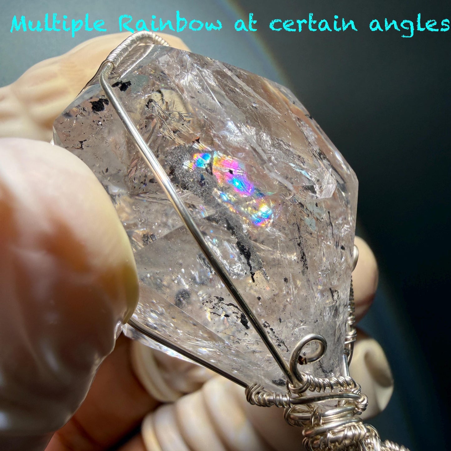 Polished Rainbow Enhydro Quartz (Herkimer Diamond) Wire Wrapped Pendant Adjustable Necklace: Multiple Rainbow! Moving Anti-current Sand & Water Bubble Inclusion Crystal | Natural Gemstone Birthstone Gift for her men necklace chakra crystal purify stone minerals specimen adjustable choker silver pendant inclusion crystal inclusion quartz jewelry rainbow quartz choker necklace enhydro crystal S925 silver pendant quick sand inclusion bubble inclusion water inclusion quartz rainbow quartz palm stone