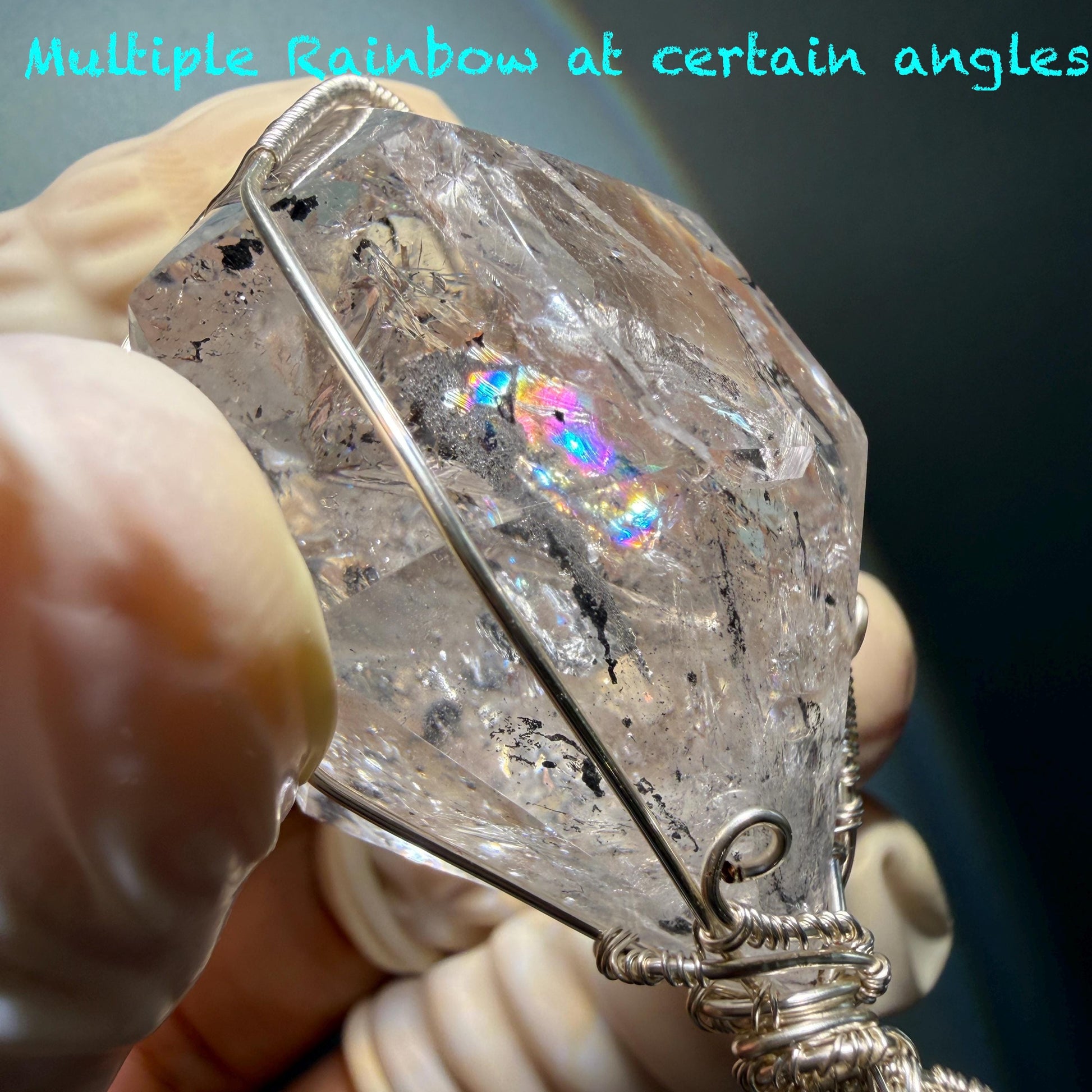 Polished Rainbow Enhydro Quartz (Herkimer Diamond) Wire Wrapped Pendant Adjustable Necklace: Multiple Rainbow! Moving Anti-current Sand & Water Bubble Inclusion Crystal | Natural Gemstone Birthstone Gift for her men necklace chakra crystal purify stone minerals specimen adjustable choker silver pendant inclusion crystal inclusion quartz jewelry rainbow quartz choker necklace enhydro crystal S925 silver pendant quick sand inclusion bubble inclusion water inclusion quartz rainbow quartz palm stone