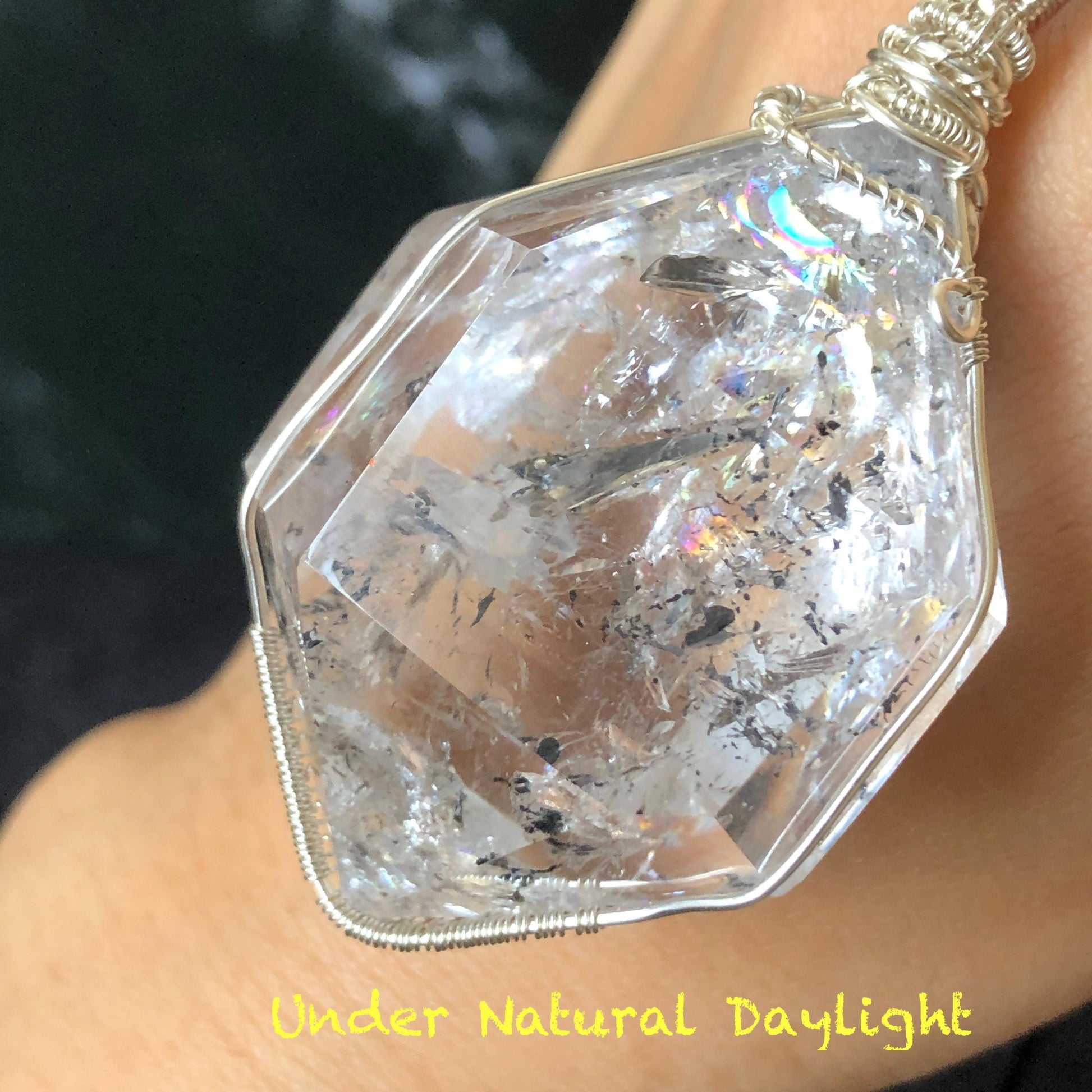 Polished Rainbow Enhydro Quartz (Herkimer Diamond) Wire Wrapped Pendant Adjustable Necklace: Multiple Rainbow! Moving Anti-current Sand & Water Bubble Inclusion Crystal | Natural Gemstone Birthstone Gift for her men necklace chakra crystal purify stone minerals specimen adjustable choker silver pendant inclusion crystal inclusion quartz jewelry rainbow quartz choker necklace enhydro crystal S925 silver pendant quick sand inclusion bubble inclusion water inclusion quartz rainbow quartz palm stone