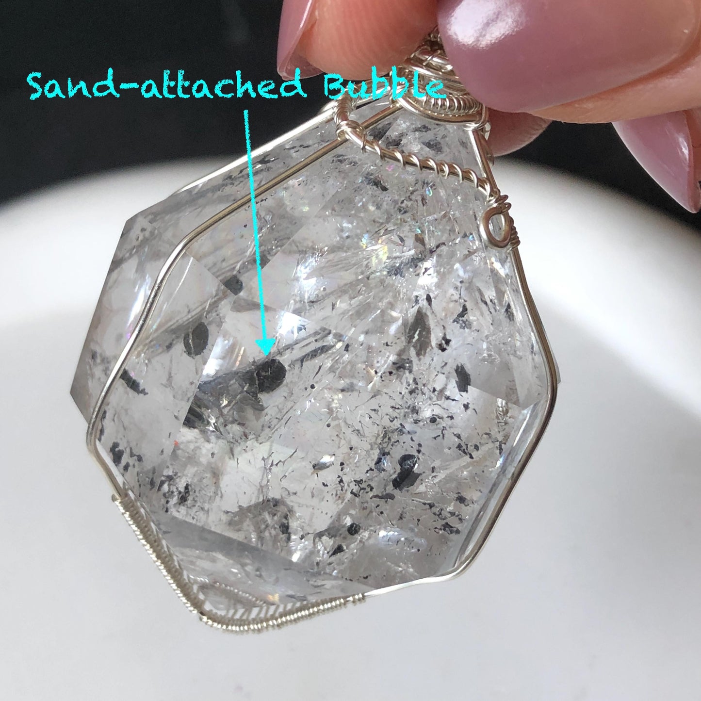 Polished Rainbow Enhydro Quartz (Herkimer Diamond) Wire Wrapped Pendant Adjustable Necklace: Multiple Rainbow! Moving Anti-current Sand & Water Bubble Inclusion Crystal | Natural Gemstone Birthstone Gift for her men necklace chakra crystal purify stone minerals specimen adjustable choker silver pendant inclusion crystal inclusion quartz jewelry rainbow quartz choker necklace enhydro crystal S925 silver pendant quick sand inclusion bubble inclusion water inclusion quartz rainbow quartz palm stone