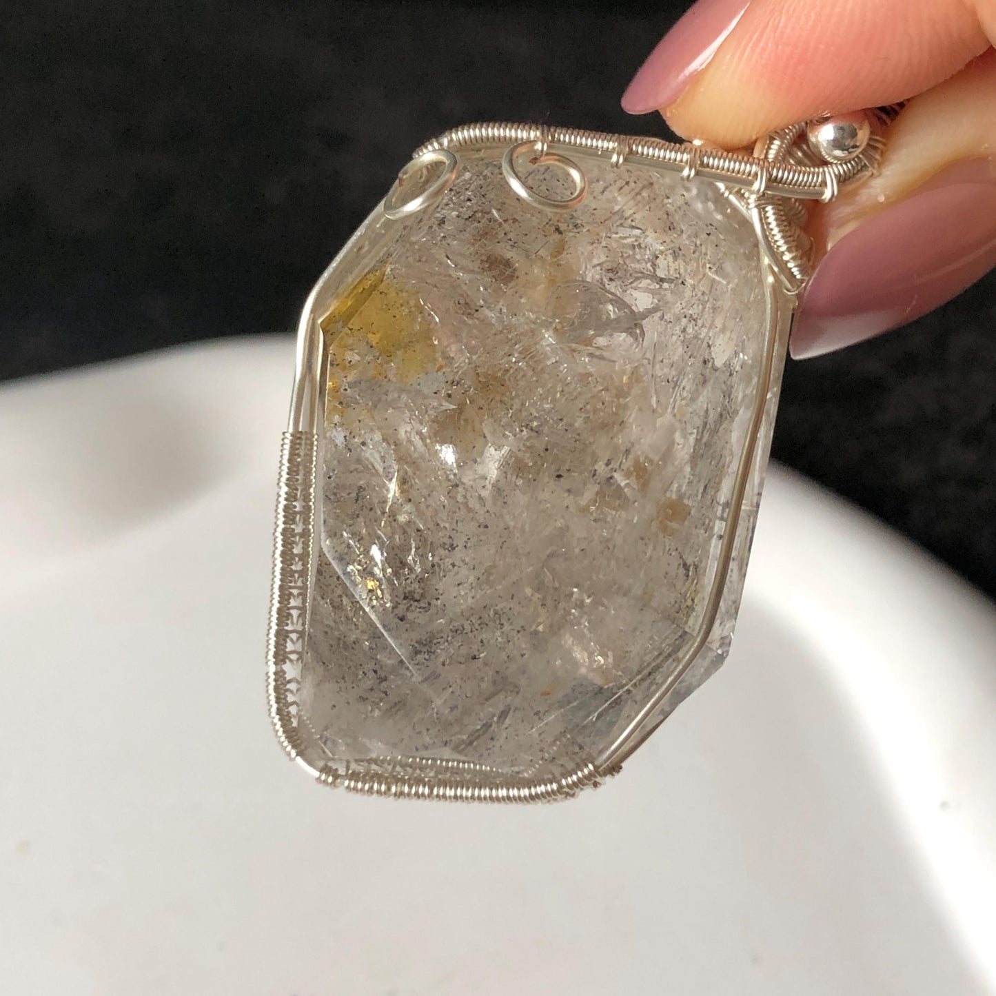 Rare Found! Polished Enhydro Golden Healer Quartz Large Pendant Adjustable Necklace: Moving White Granule & Big Shifting Bubble Inclusion Crystal | Natural Gemstone Birthstone Gift for her men chakra crystal purify stone minerals specimen yellow hematoid pendant inclusion crystal inclusion quartz jewelry rainbow quartz choker adjustable necklace enhydro crystal wire wrapped pendant quick sand inclusion bubble inclusion water inclusion quartz rainbow quartz palm stone quick sand