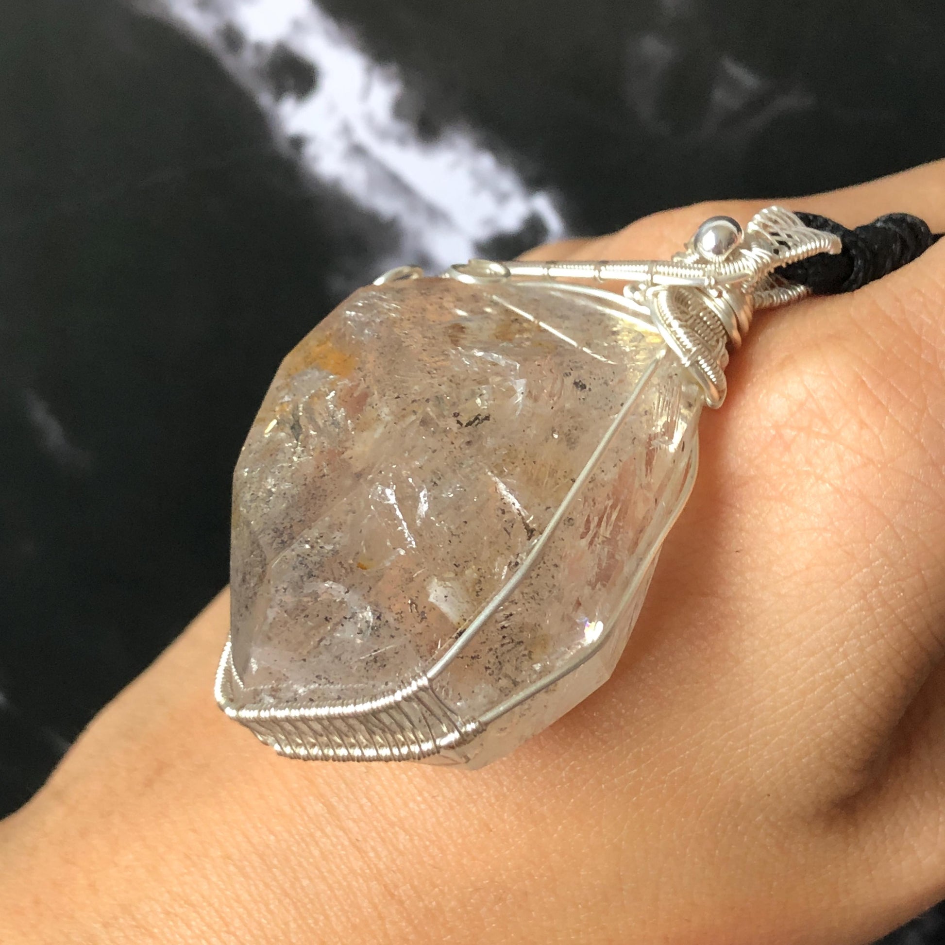 Rare Found! Polished Enhydro Golden Healer Quartz Large Pendant Adjustable Necklace: Moving White Granule & Big Shifting Bubble Inclusion Crystal | Natural Gemstone Birthstone Gift for her men chakra crystal purify stone minerals specimen yellow hematoid pendant inclusion crystal inclusion quartz jewelry rainbow quartz choker adjustable necklace enhydro crystal wire wrapped pendant quick sand inclusion bubble inclusion water inclusion quartz rainbow quartz palm stone quick sand