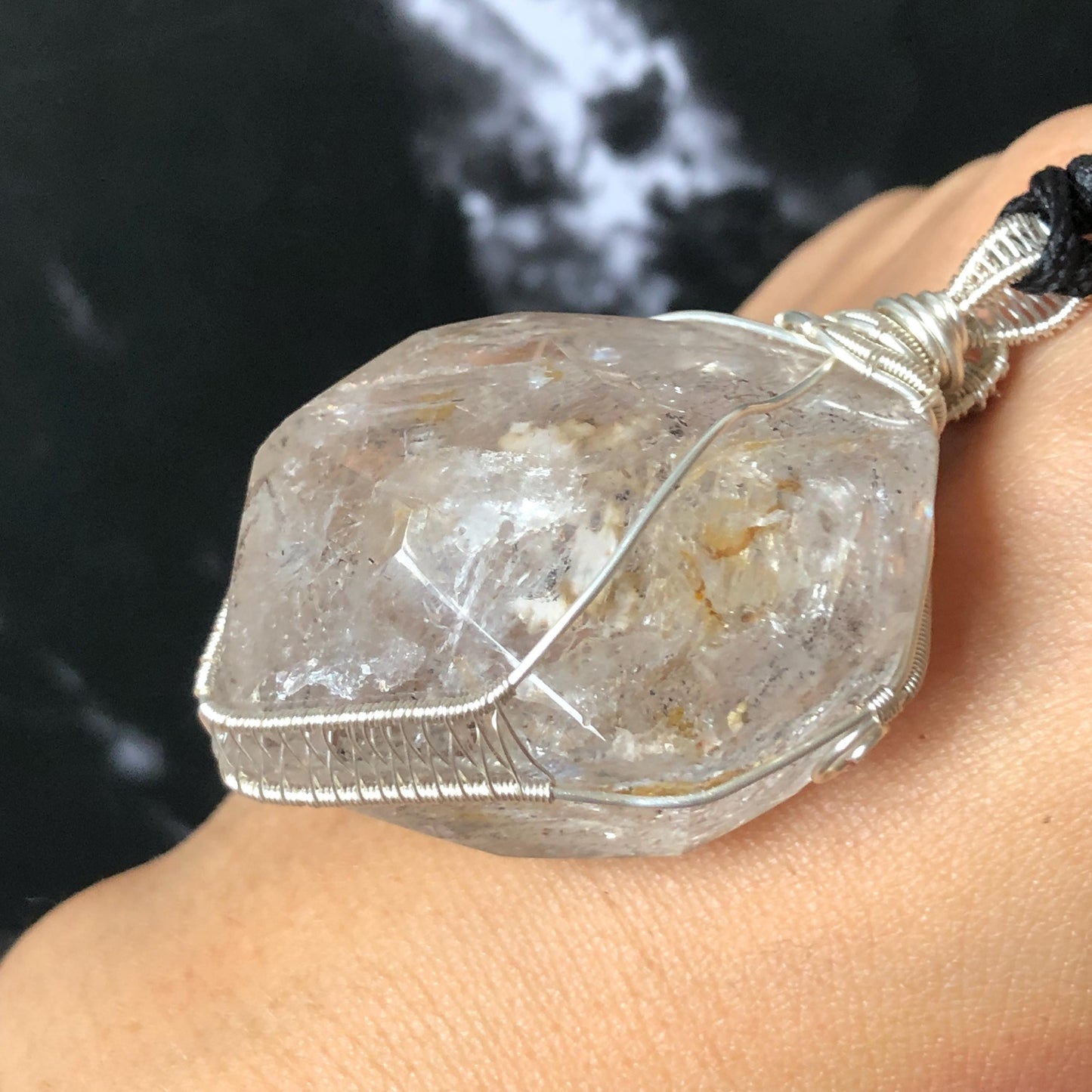 Rare Found! Polished Enhydro Golden Healer Quartz Large Pendant Adjustable Necklace: Moving White Granule & Big Shifting Bubble Inclusion Crystal | Natural Gemstone Birthstone Gift for her men chakra crystal purify stone minerals specimen yellow hematoid pendant inclusion crystal inclusion quartz jewelry rainbow quartz choker adjustable necklace enhydro crystal wire wrapped pendant quick sand inclusion bubble inclusion water inclusion quartz rainbow quartz palm stone quick sand