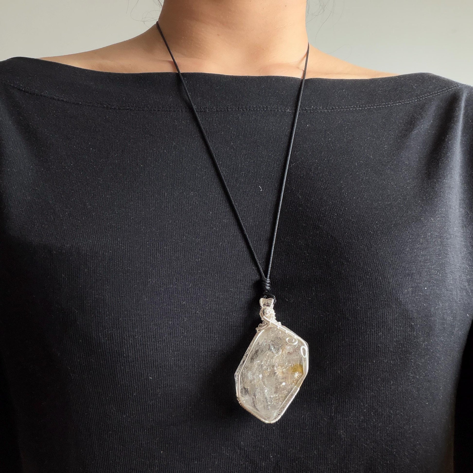 Rare Found! Polished Enhydro Golden Healer Quartz Large Pendant Adjustable Necklace: Moving White Granule & Big Shifting Bubble Inclusion Crystal | Natural Gemstone Birthstone Gift for her men chakra crystal purify stone minerals specimen yellow hematoid pendant inclusion crystal inclusion quartz jewelry rainbow quartz choker adjustable necklace enhydro crystal wire wrapped pendant quick sand inclusion bubble inclusion water inclusion quartz rainbow quartz palm stone quick sand
