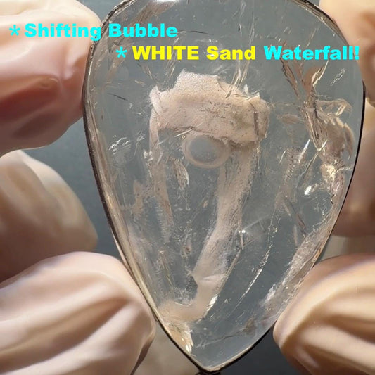 Ultra Rare! Polished Enhydro Quartz White Sand Waterfall & Shifting Bubble S925 Silver Teardrop Pendant Snow Avalanche Adjustable Necklace | Natural Gemstone Birthstone Gift for her quicksand enhydro quartz sand water-fall pendant necklace choker gemstone charm polished stone pendant crystal charm birthstone men necklace chakra crystal minerals specimen sterling silver wire wrapped pendant inclusion quartz white sand inclusion rainbow quartz bubble inclusion cabochon inclusion crystal