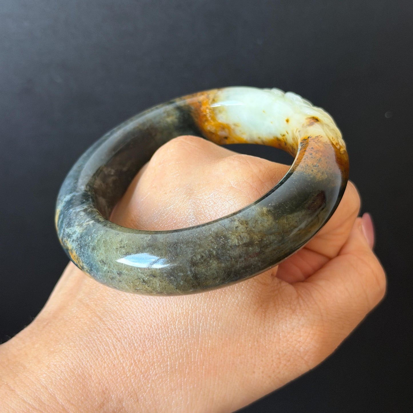58.2mm Xiu Jade Serpentine Hand Carved Peony Flower Bangle: Natural Green Brown White Jade Handcrafted Bracelet, Stone Carving Gemstone Jewelry  Gift for her wide jade bangle jade carving hand engraved stone carving natural untreated jade bracelet white jade brown jade brown green jade handcrafted jade peony carving flower carving chinese jade vintage bangle antique bracelet sesame bracelet multi colour jade multicolor jade mother day gift