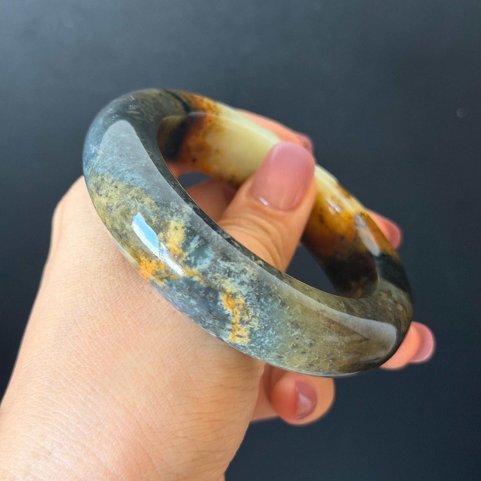 58.2mm Xiu Jade Serpentine Hand Carved Peony Flower Bangle: Natural Green Brown White Jade Handcrafted Bracelet, Stone Carving Gemstone Jewelry  Gift for her wide jade bangle jade carving hand engraved stone carving natural untreated jade bracelet white jade brown jade brown green jade handcrafted jade peony carving flower carving chinese jade vintage bangle antique bracelet sesame bracelet multi colour jade multicolor jade mother day gift