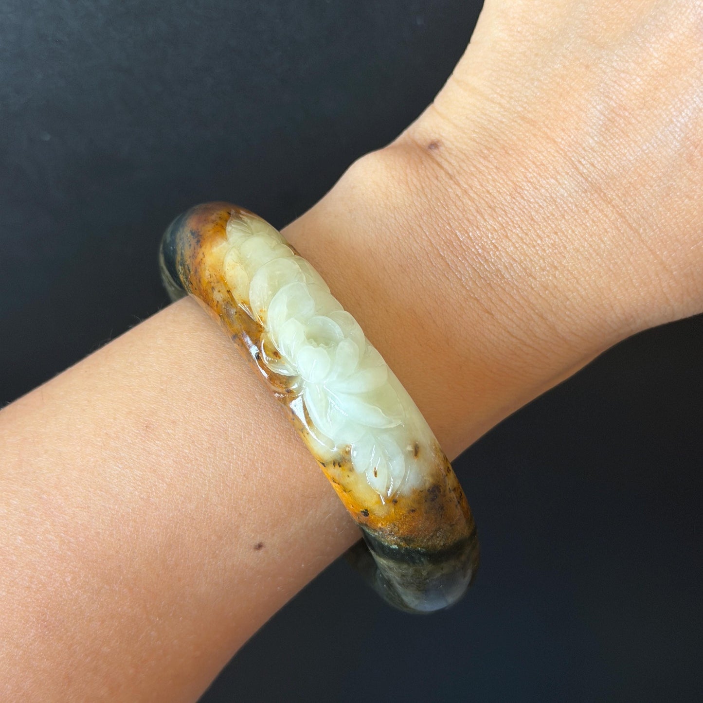 58.2mm Xiu Jade Serpentine Hand Carved Peony Flower Bangle: Natural Green Brown White Jade Handcrafted Bracelet, Stone Carving Gemstone Jewelry  Gift for her wide jade bangle jade carving hand engraved stone carving natural untreated jade bracelet white jade brown jade brown green jade handcrafted jade peony carving flower carving chinese jade vintage bangle antique bracelet sesame bracelet multi colour jade multicolor jade mother day gift