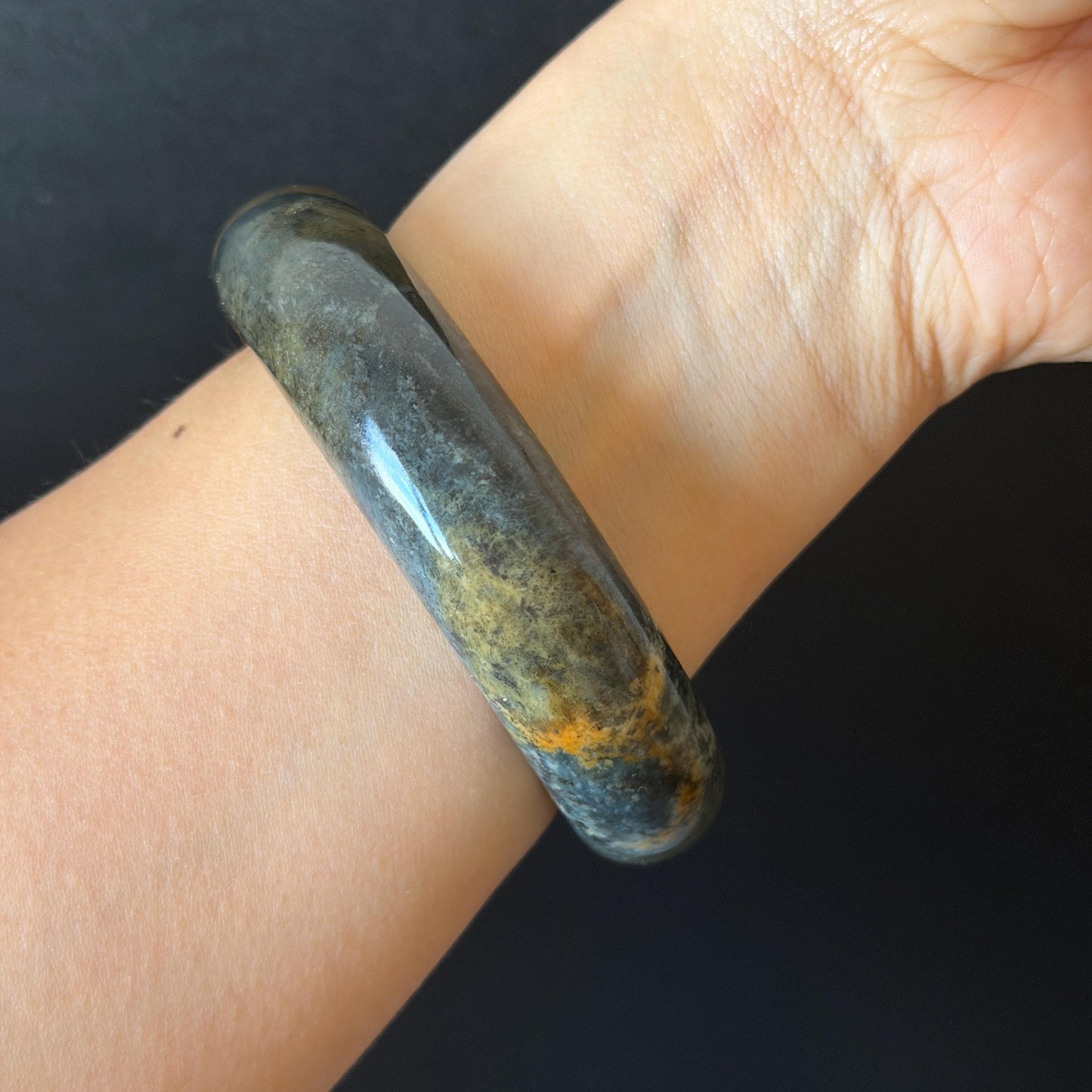 58.2mm Xiu Jade Serpentine Hand Carved Peony Flower Bangle: Natural Green Brown White Jade Handcrafted Bracelet, Stone Carving Gemstone Jewelry  Gift for her wide jade bangle jade carving hand engraved stone carving natural untreated jade bracelet white jade brown jade brown green jade handcrafted jade peony carving flower carving chinese jade vintage bangle antique bracelet sesame bracelet multi colour jade multicolor jade mother day gift