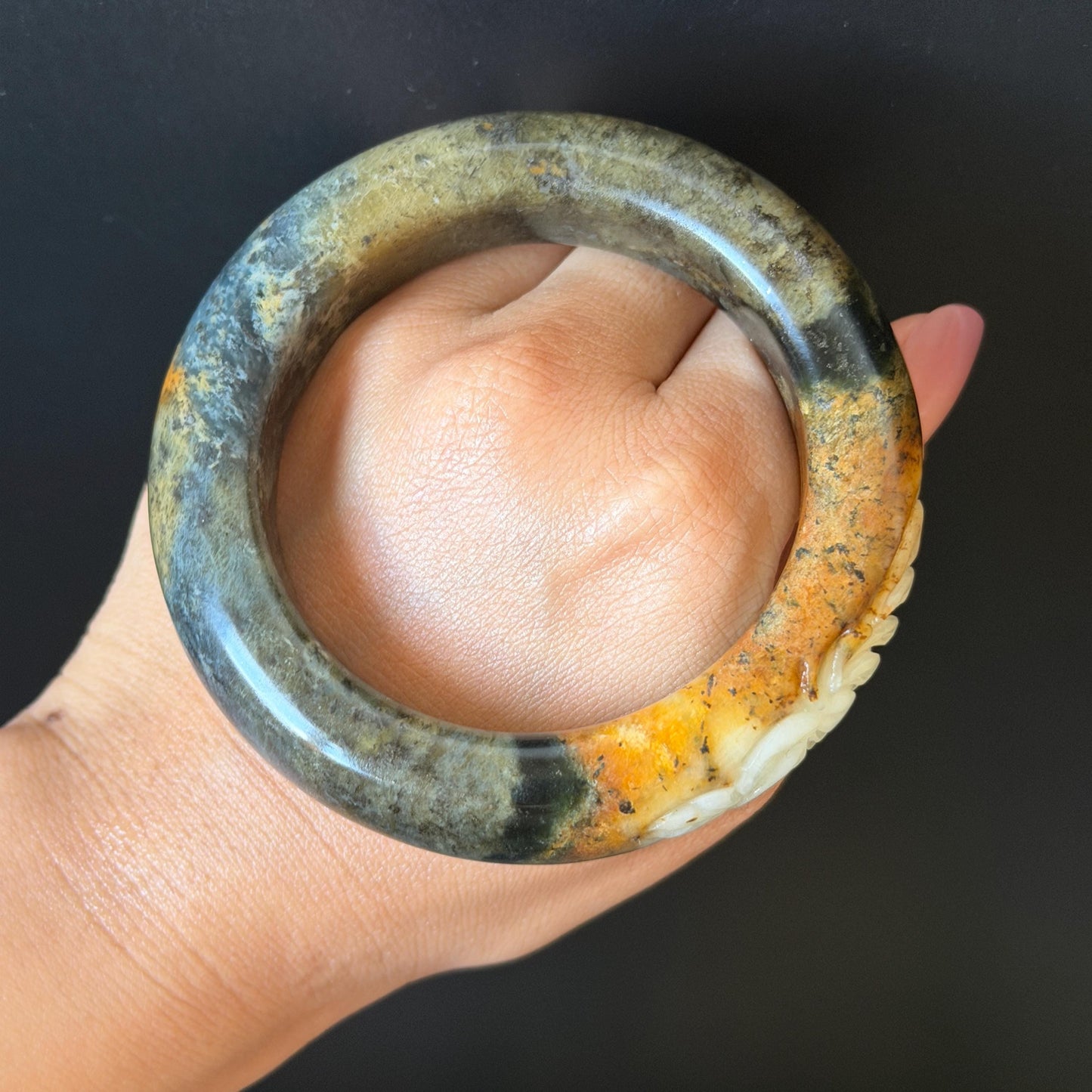 58.2mm Xiu Jade Serpentine Hand Carved Peony Flower Bangle: Natural Green Brown White Jade Handcrafted Bracelet, Stone Carving Gemstone Jewelry  Gift for her wide jade bangle jade carving hand engraved stone carving natural untreated jade bracelet white jade brown jade brown green jade handcrafted jade peony carving flower carving chinese jade vintage bangle antique bracelet sesame bracelet multi colour jade multicolor jade mother day gift