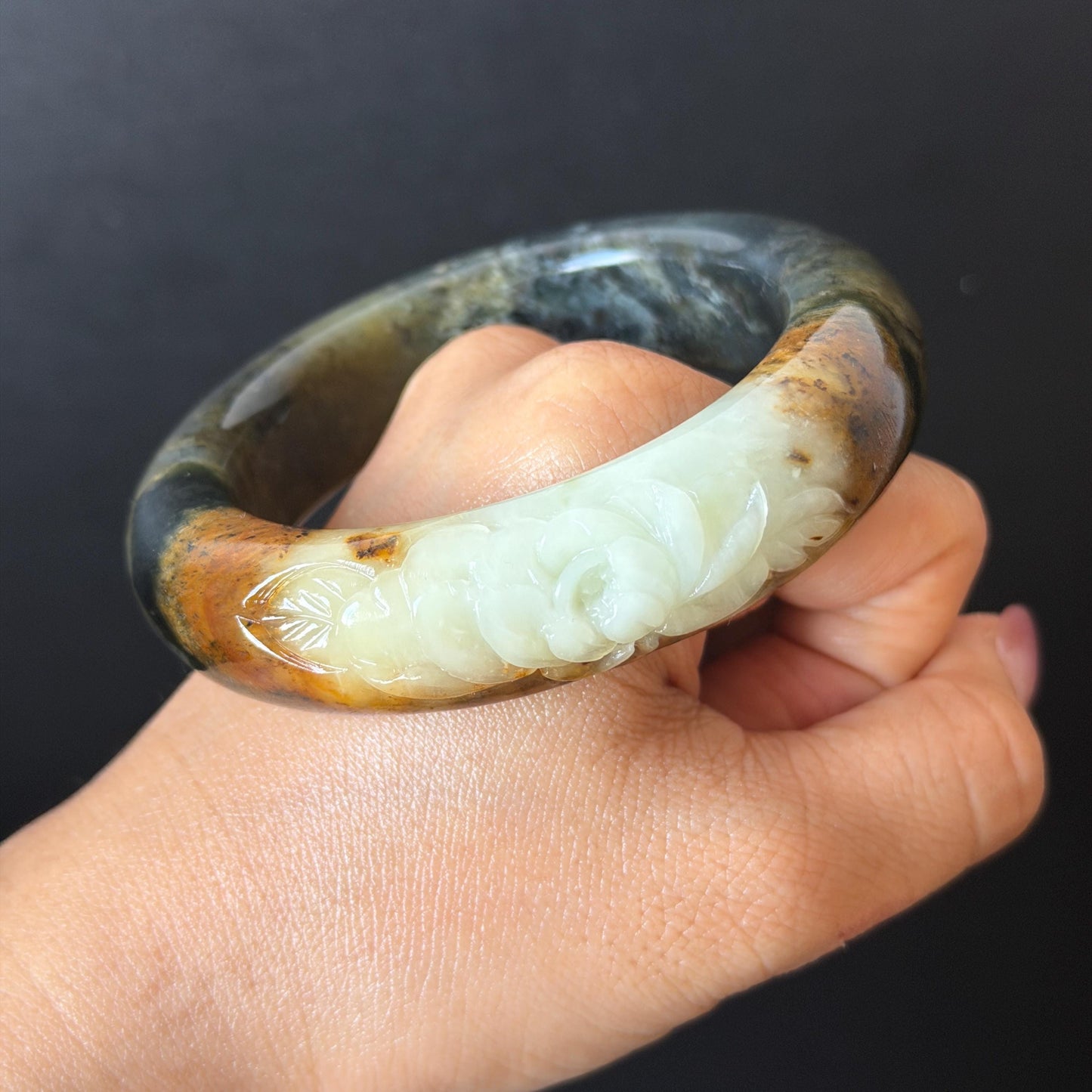 58.2mm Xiu Jade Serpentine Hand Carved Peony Flower Bangle: Natural Green Brown White Jade Handcrafted Bracelet, Stone Carving Gemstone Jewelry  Gift for her wide jade bangle jade carving hand engraved stone carving natural untreated jade bracelet white jade brown jade brown green jade handcrafted jade peony carving flower carving chinese jade vintage bangle antique bracelet sesame bracelet multi colour jade multicolor jade mother day gift